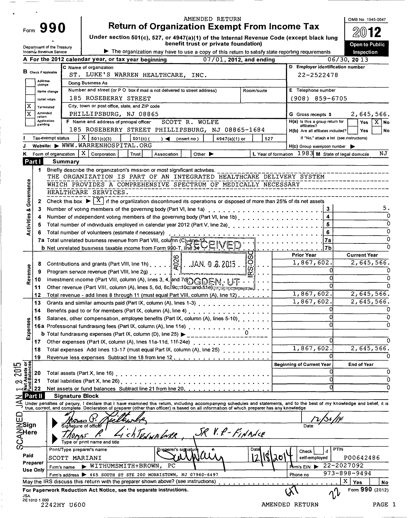 Image of first page of 2012 Form 990 for St Lukes Warren Healthcare