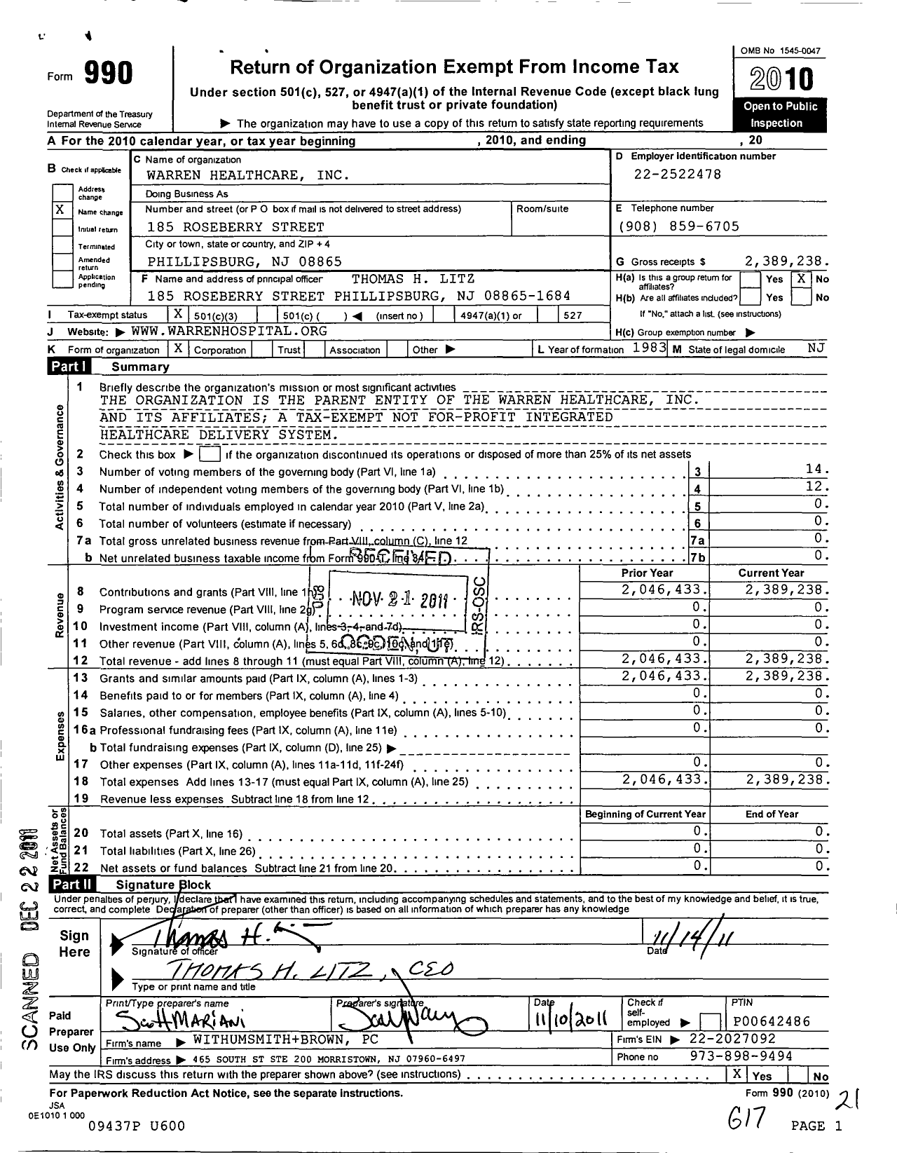 Image of first page of 2010 Form 990 for St Lukes Warren Healthcare