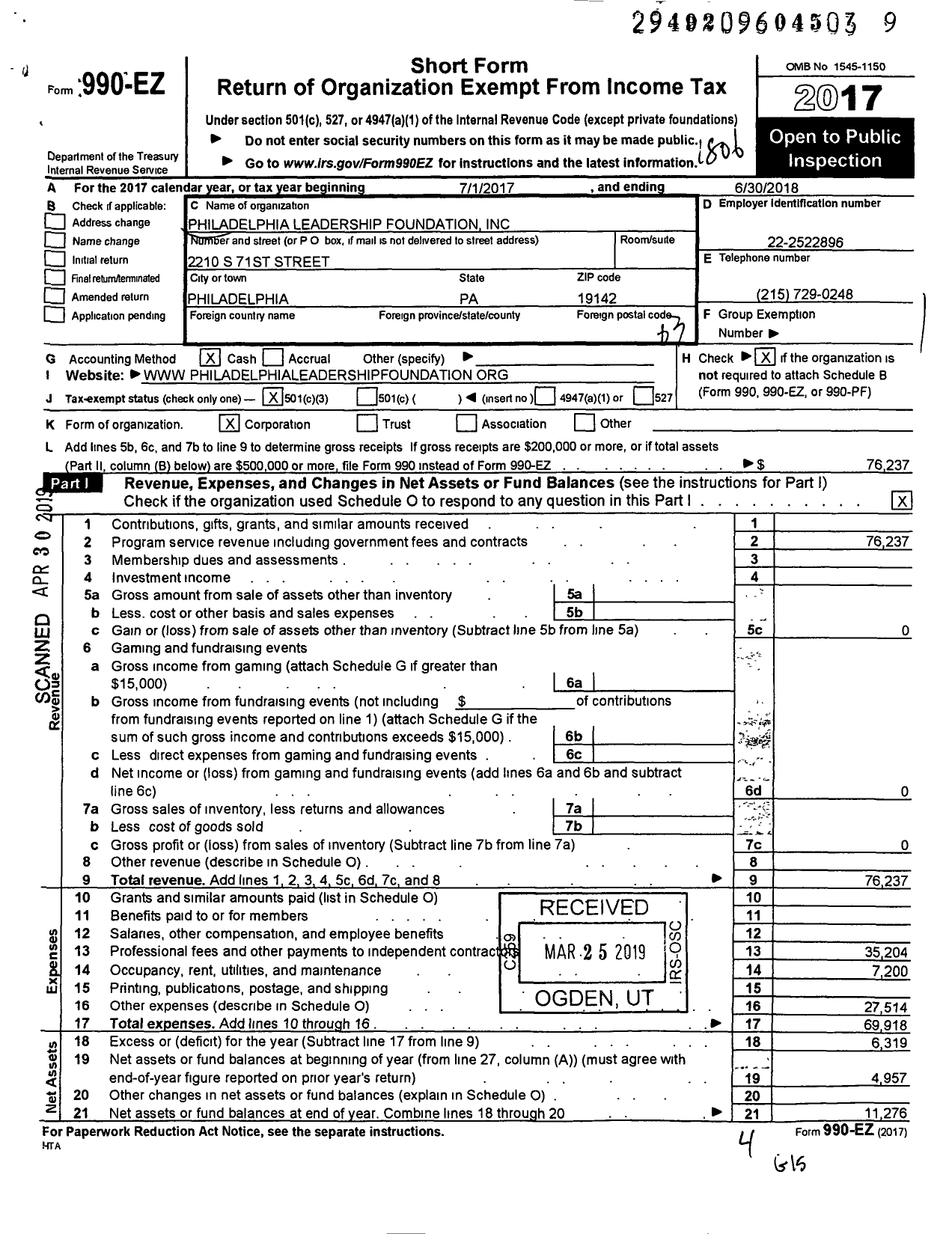 Image of first page of 2017 Form 990EZ for Philadelphialeadership Foundation