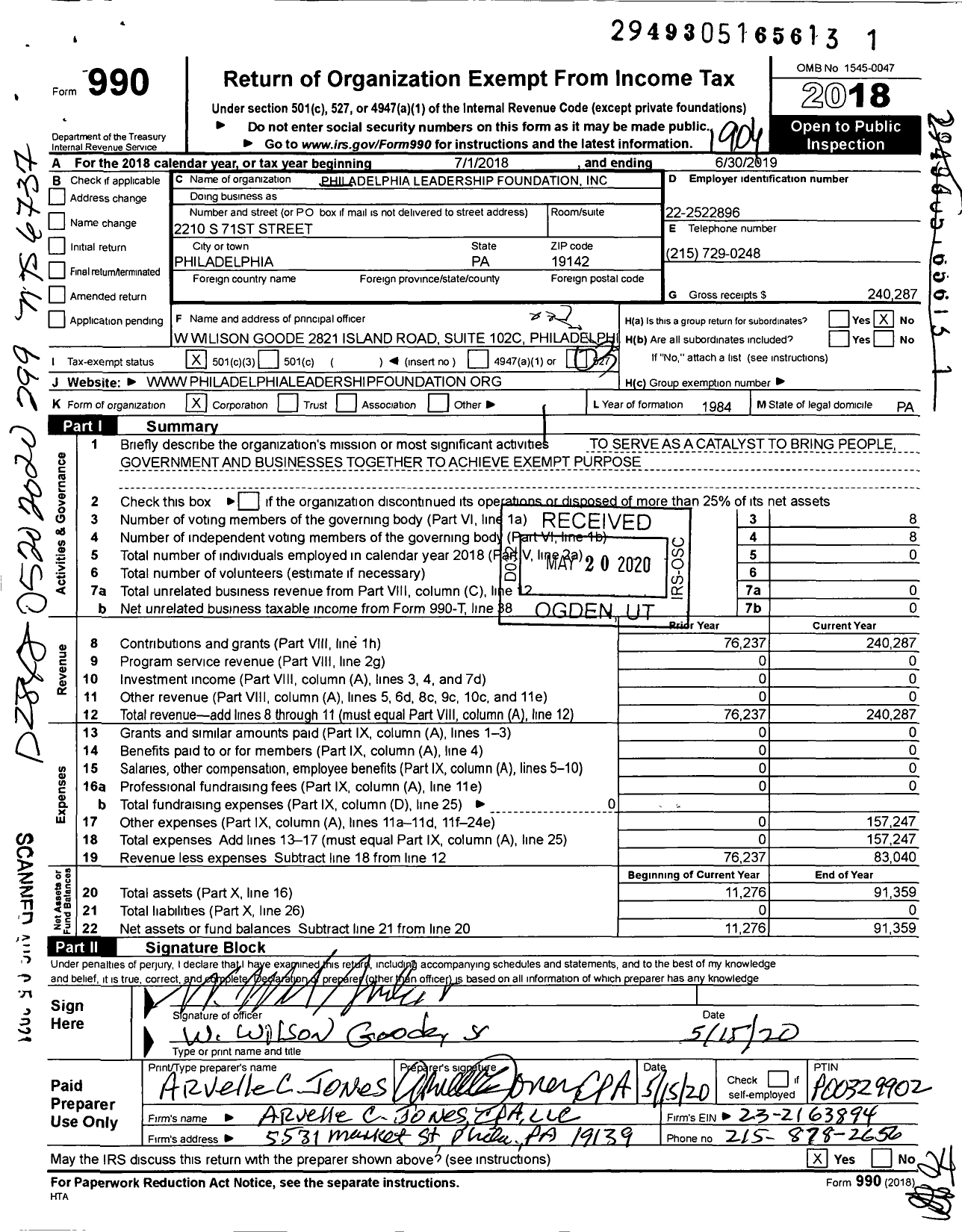 Image of first page of 2018 Form 990 for Philadelphialeadership Foundation