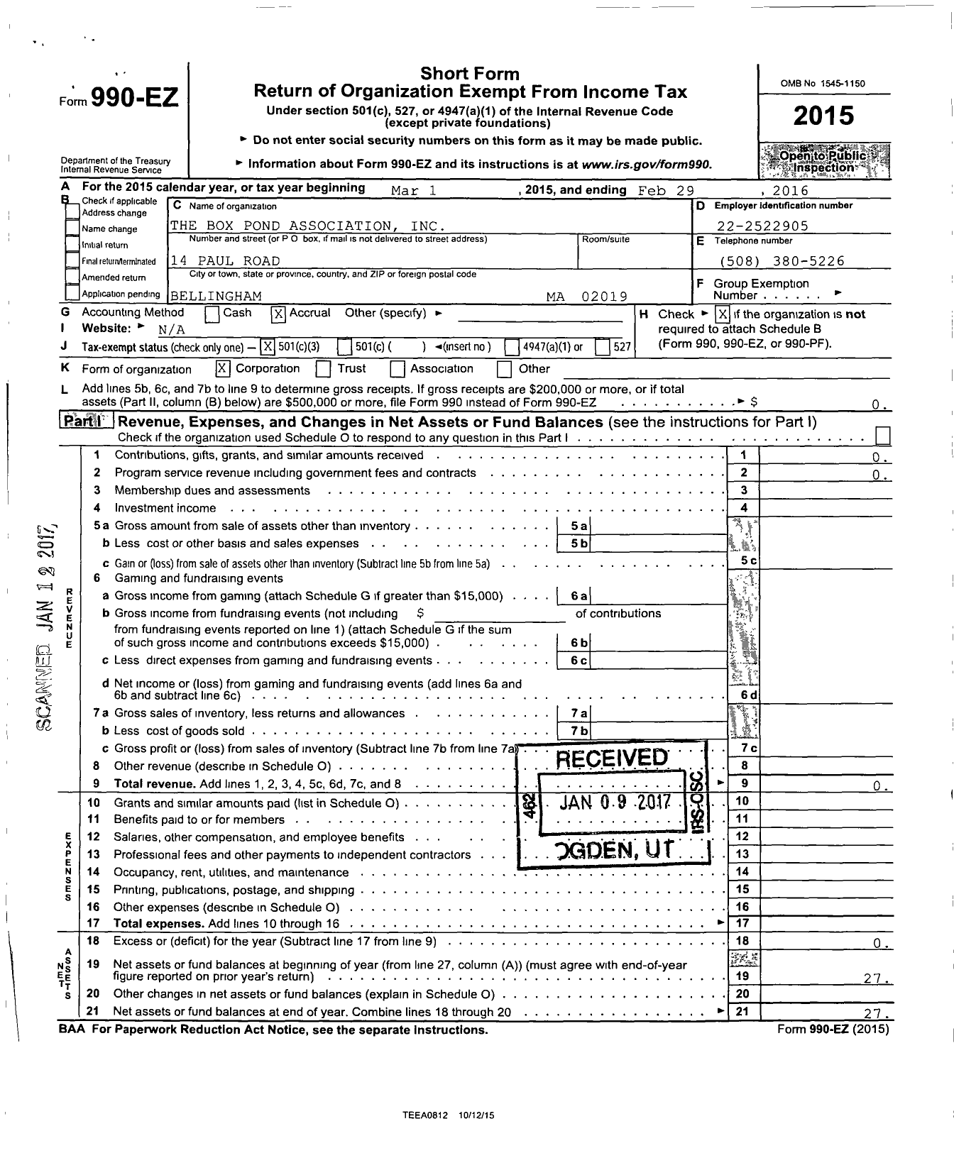 Image of first page of 2015 Form 990EZ for The Box Pond Association