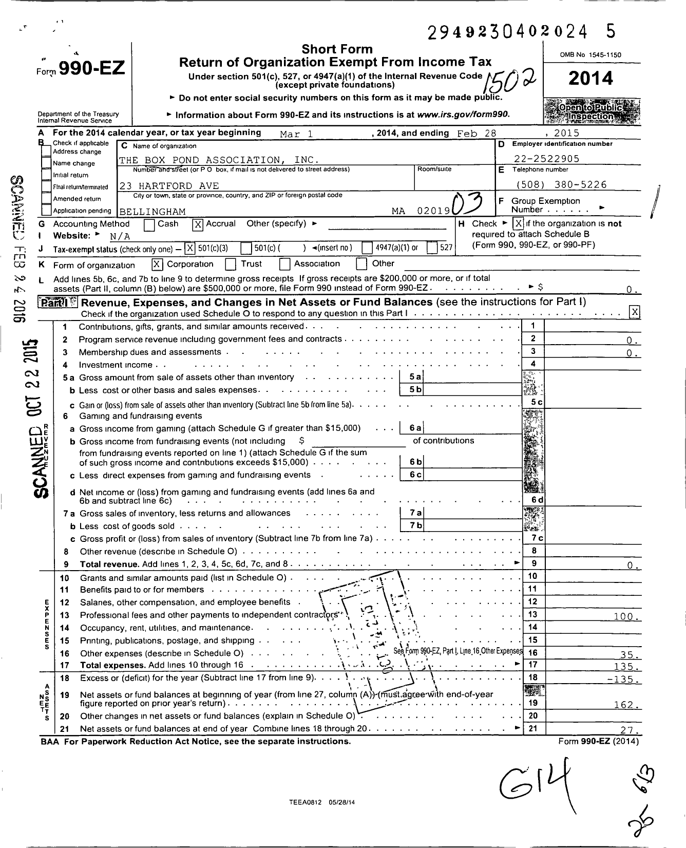 Image of first page of 2014 Form 990EZ for The Box Pond Association