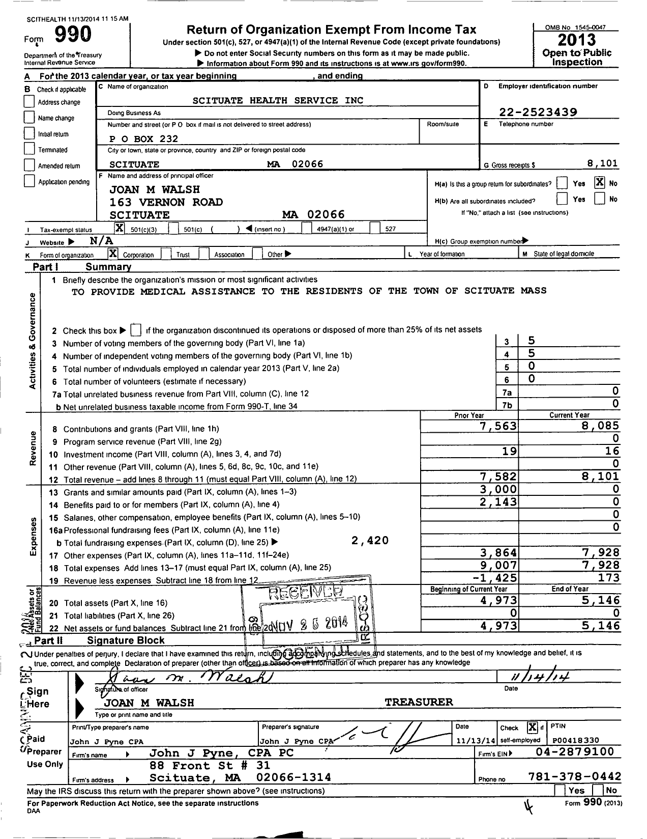 Image of first page of 2013 Form 990 for Scituate Health Service