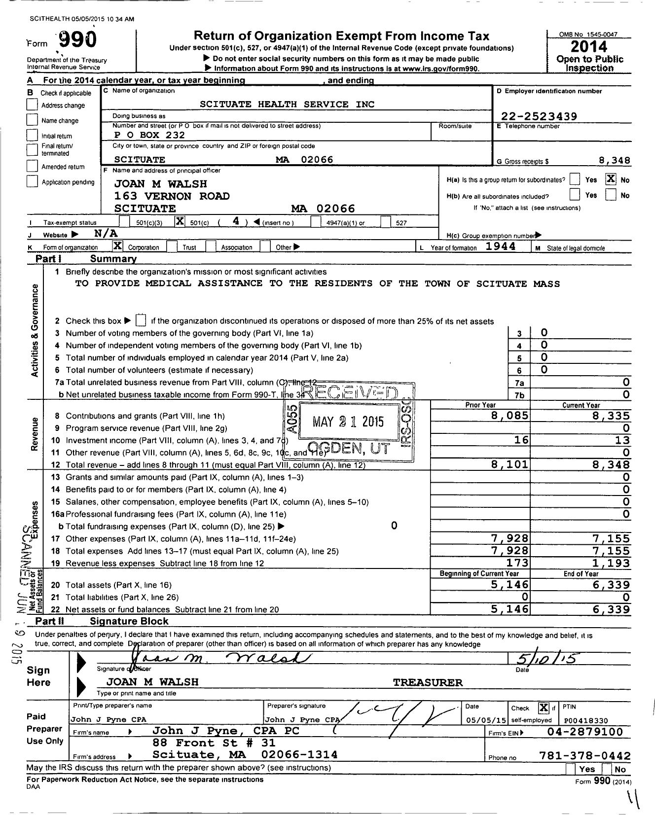 Image of first page of 2014 Form 990O for Scituate Health Service