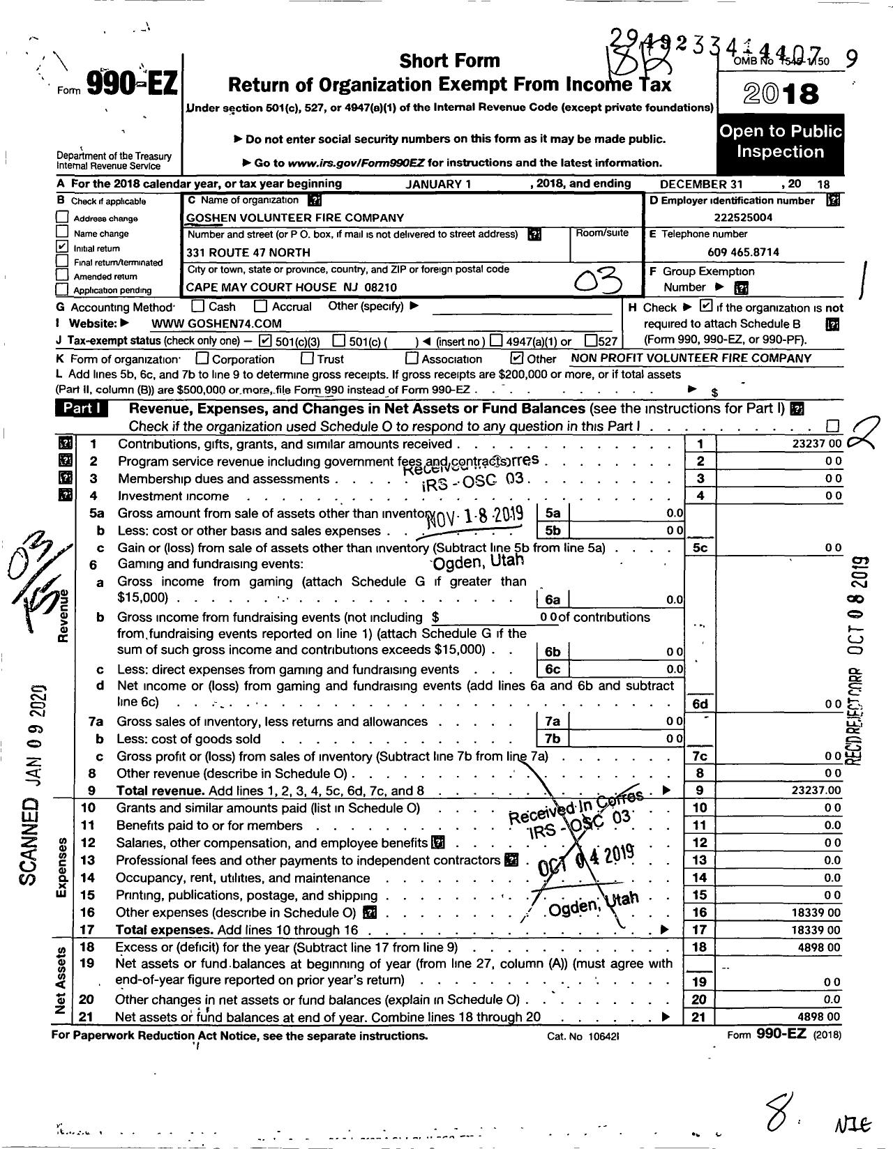 Image of first page of 2018 Form 990EZ for Goshen Volunteer Fire Company