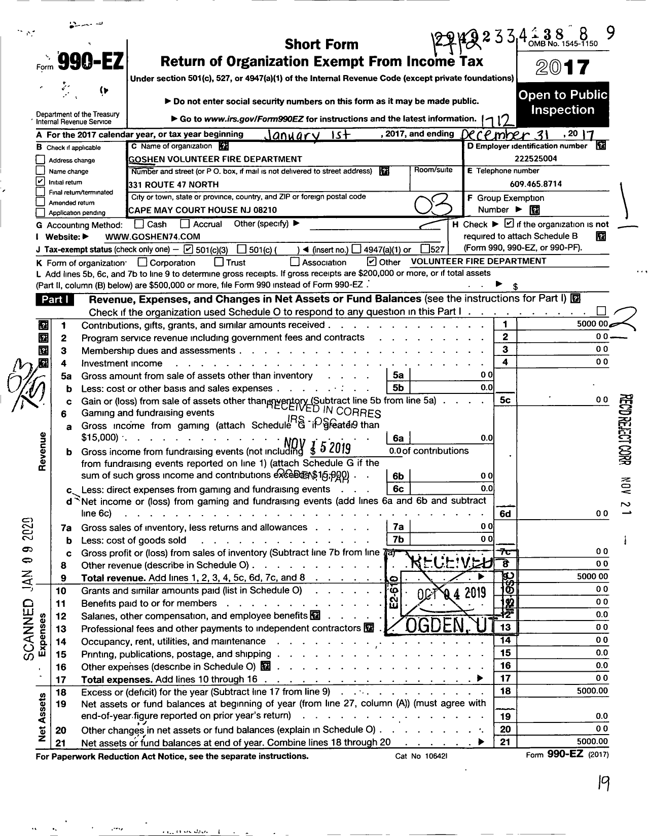 Image of first page of 2017 Form 990EZ for Goshen Volunteer Fire Company