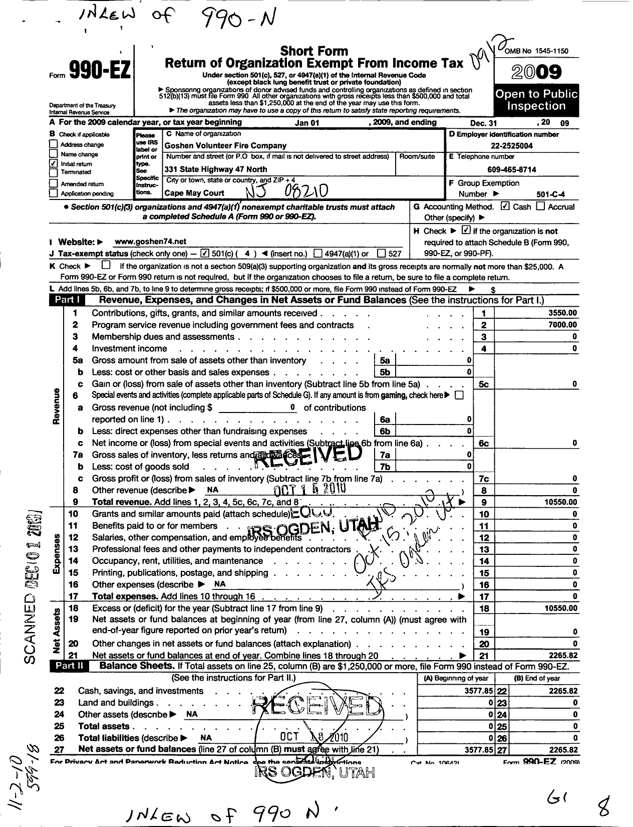 Image of first page of 2009 Form 990EO for Goshen Volunteer Fire Company