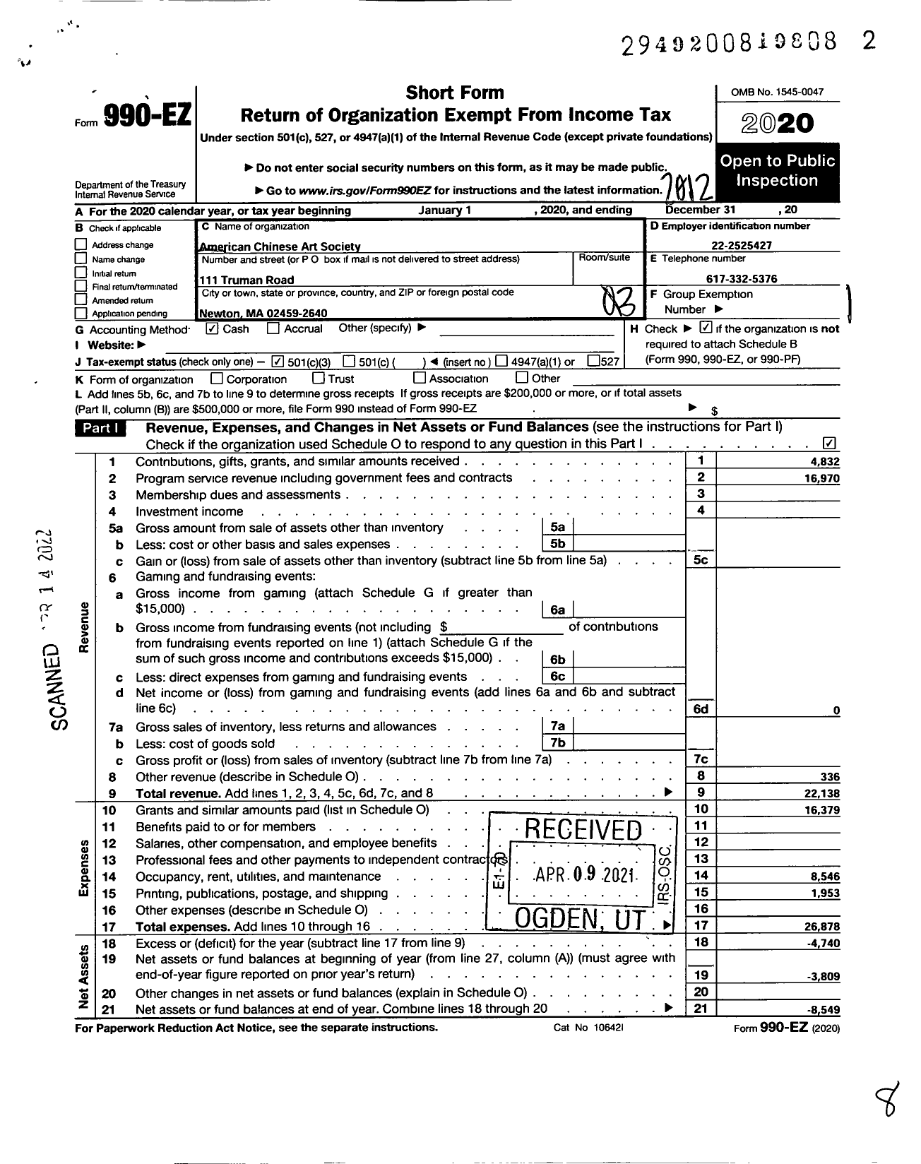 Image of first page of 2020 Form 990EZ for American Chinese Art Society