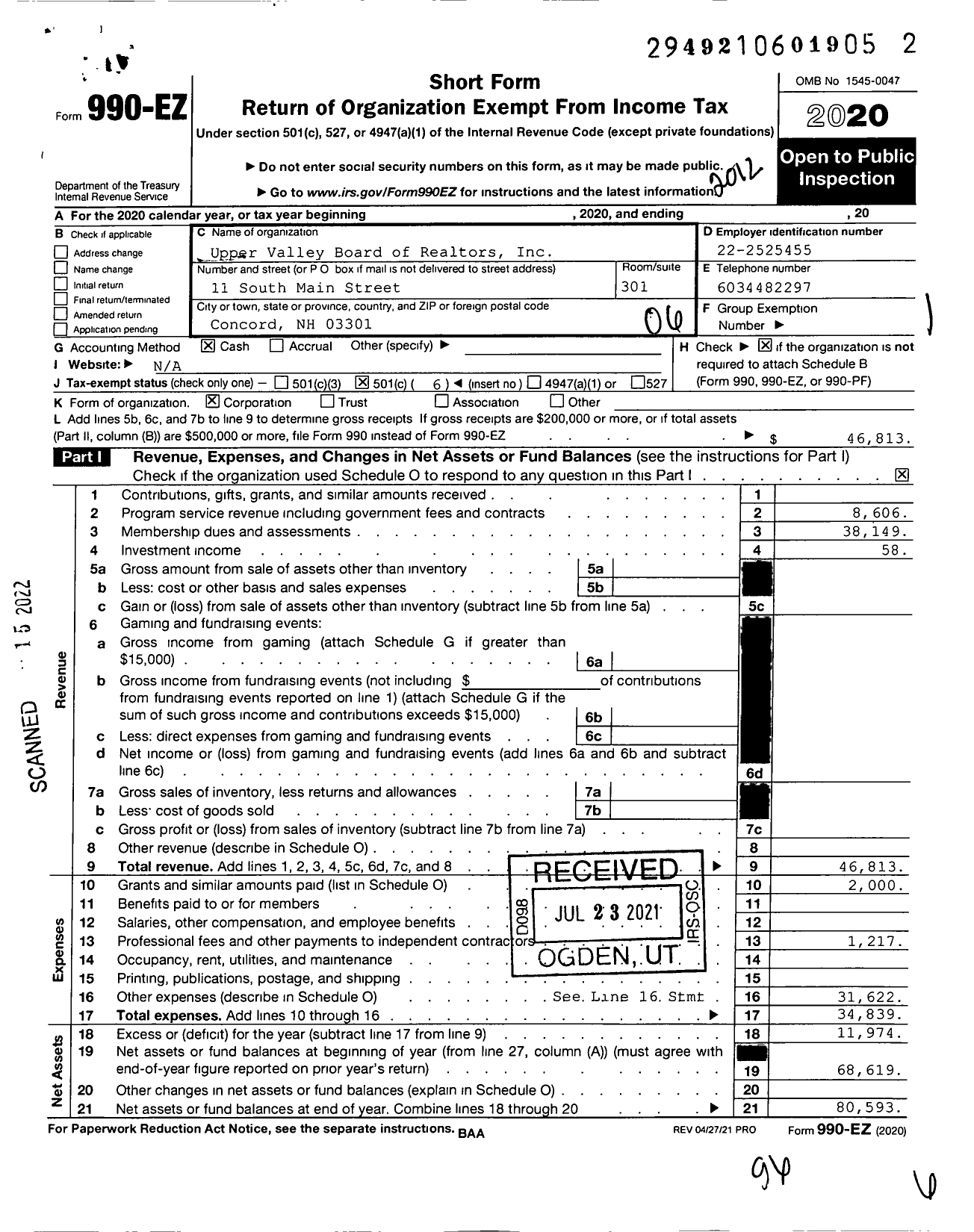 Image of first page of 2020 Form 990EO for Upper Valley Board of Realtors