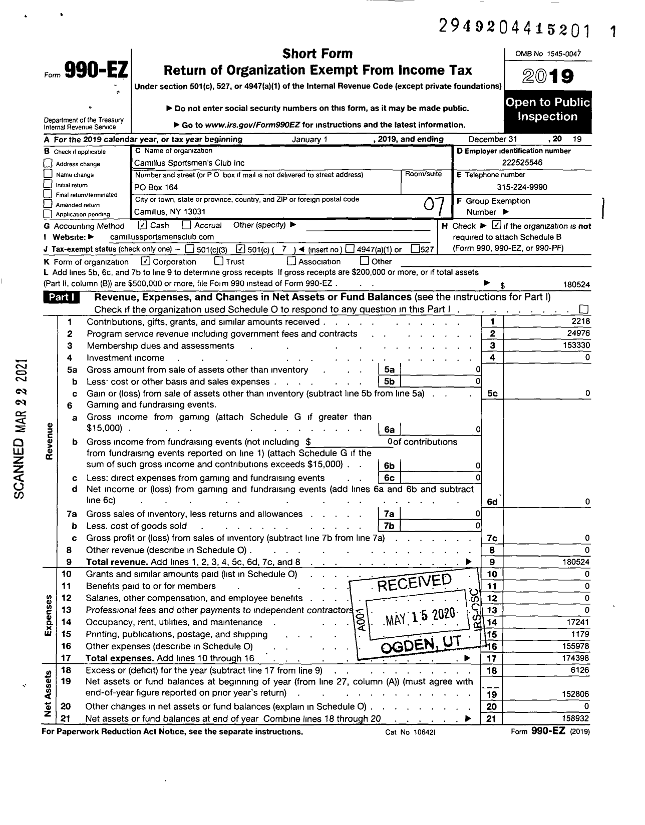 Image of first page of 2019 Form 990EO for Camillus Sportsmens Club