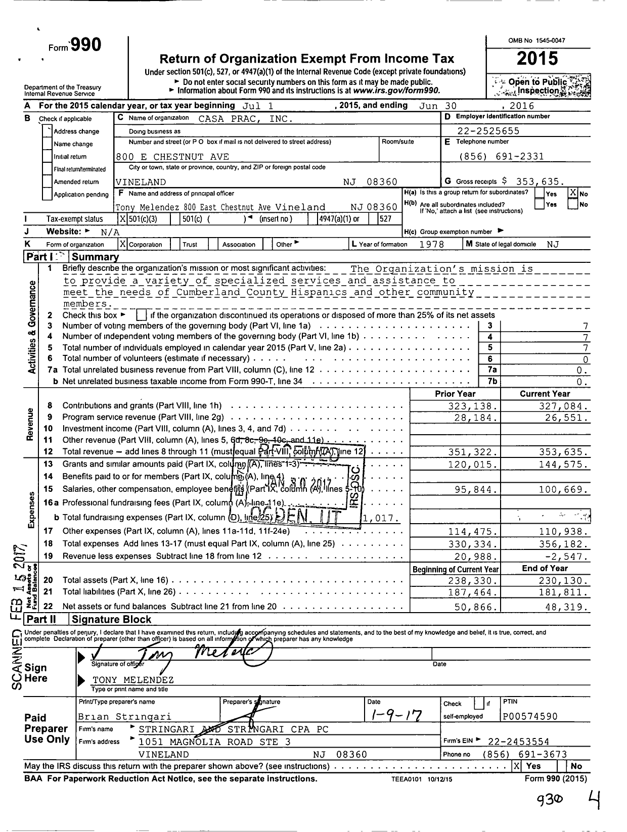 Image of first page of 2015 Form 990 for Casa PRAC