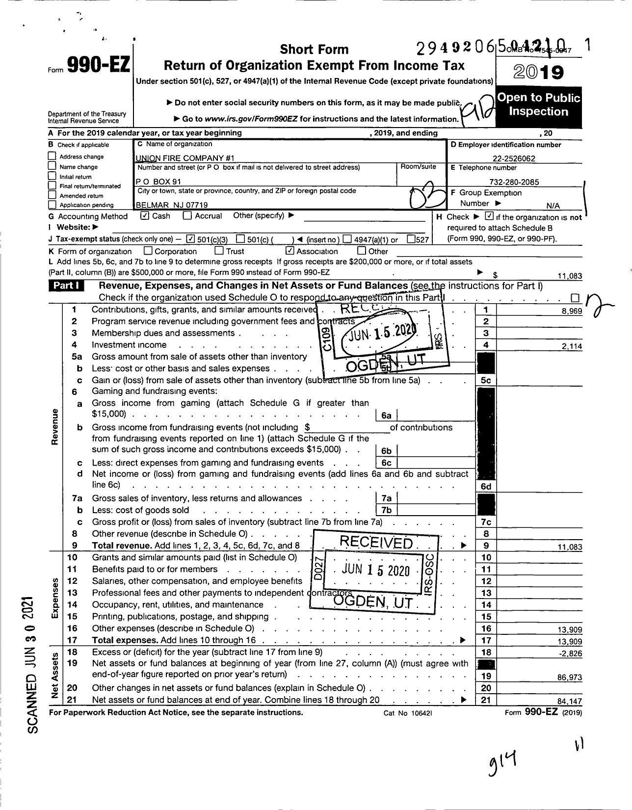 Image of first page of 2019 Form 990EZ for Union Fire Company 1