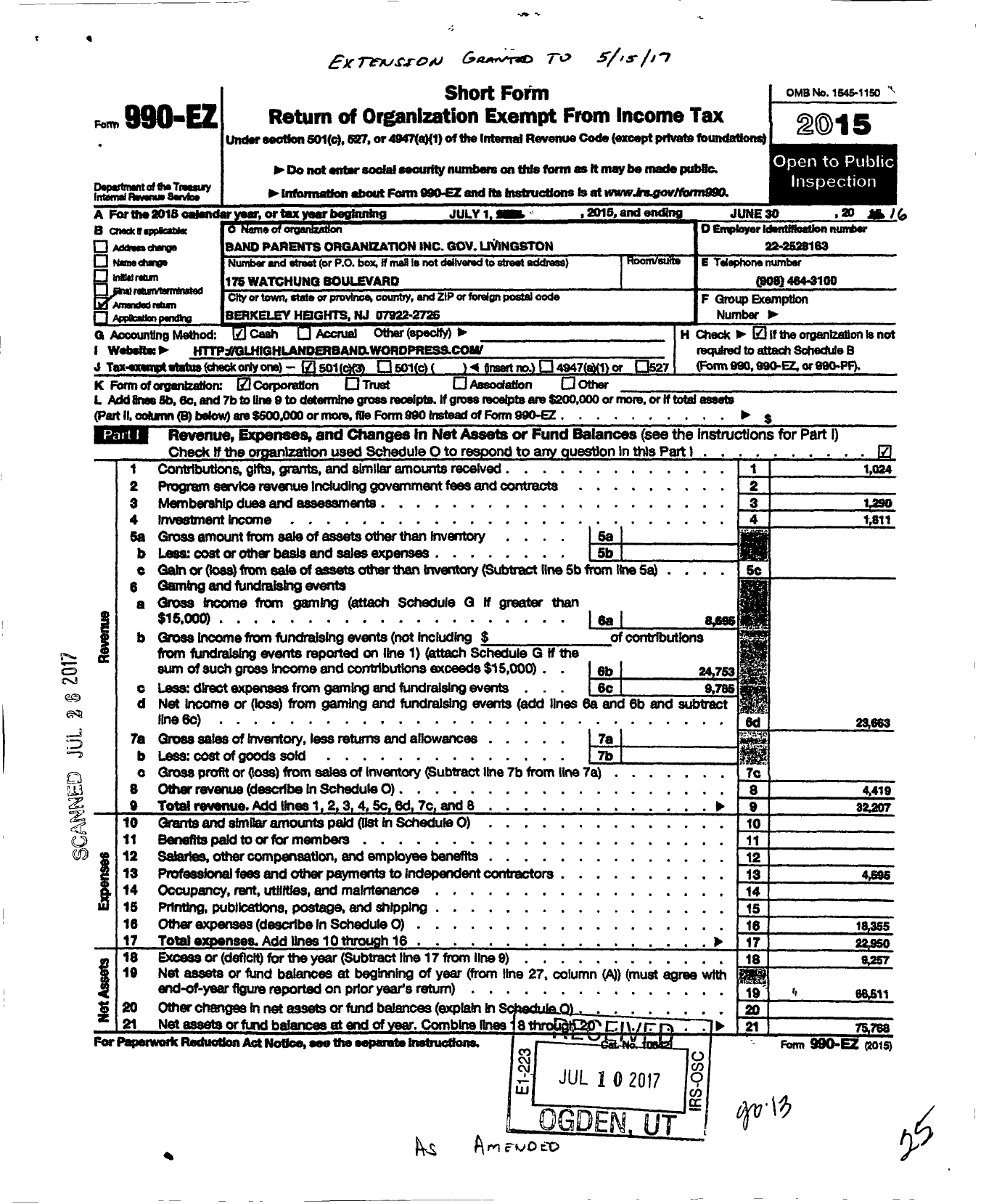 Image of first page of 2015 Form 990EZ for Band Parents Organization