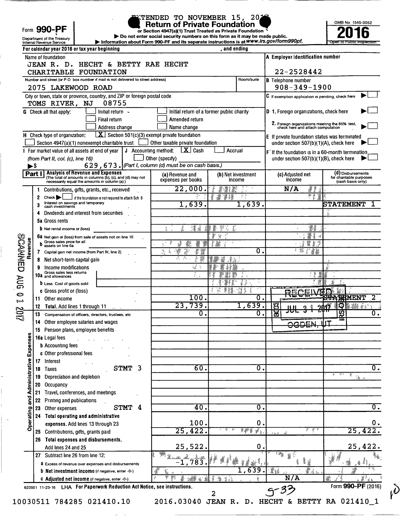 Image of first page of 2016 Form 990PF for Jean R D Hecht and Betty Rae Hecht Charitable Foundation