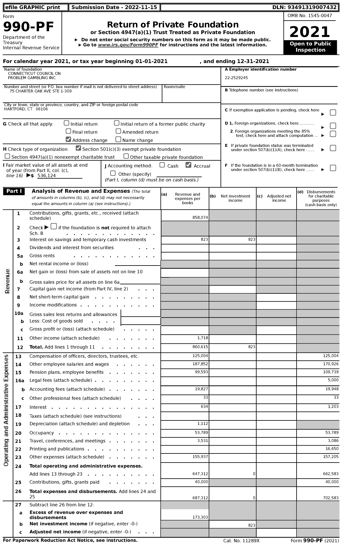 Image of first page of 2021 Form 990PF for Connecticut Council on Problem Gambling