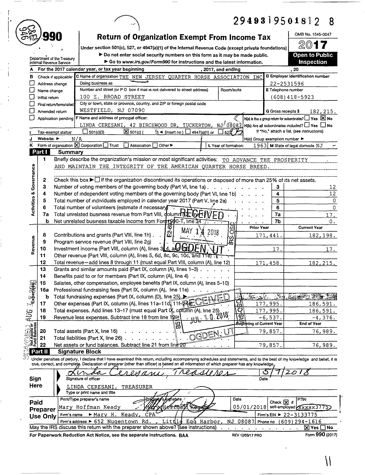 Image of first page of 2017 Form 990O for The New Jersey Quarter Horse Association