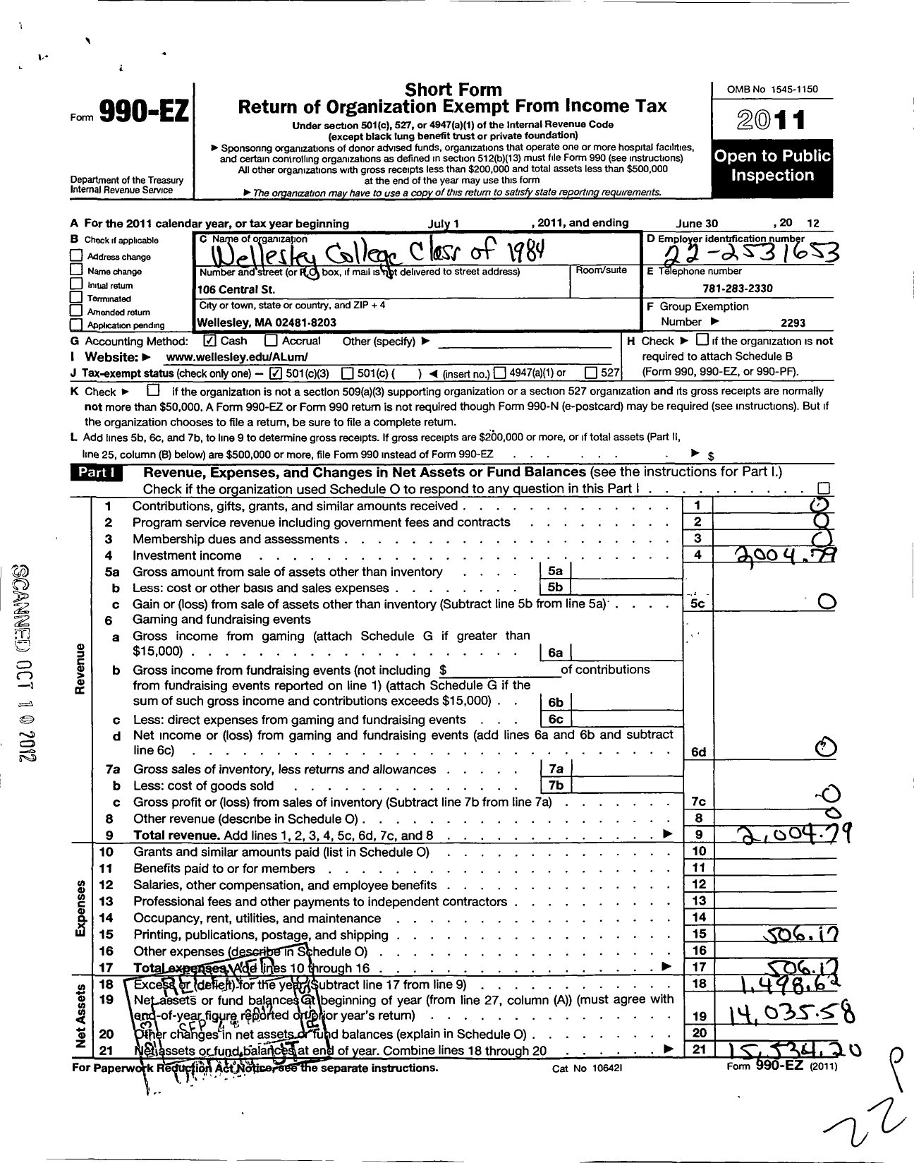 Image of first page of 2011 Form 990EZ for Wellesley College Alumnae Association - 1984 Class