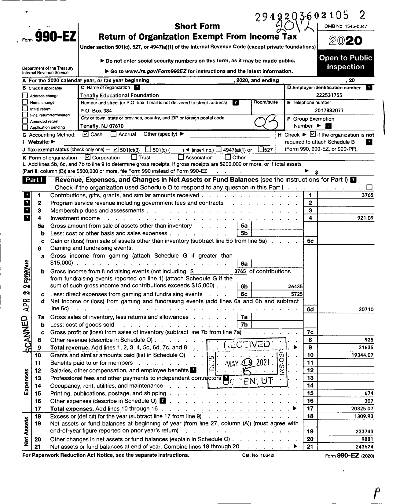 Image of first page of 2020 Form 990EZ for Tenafly Educational Foundation