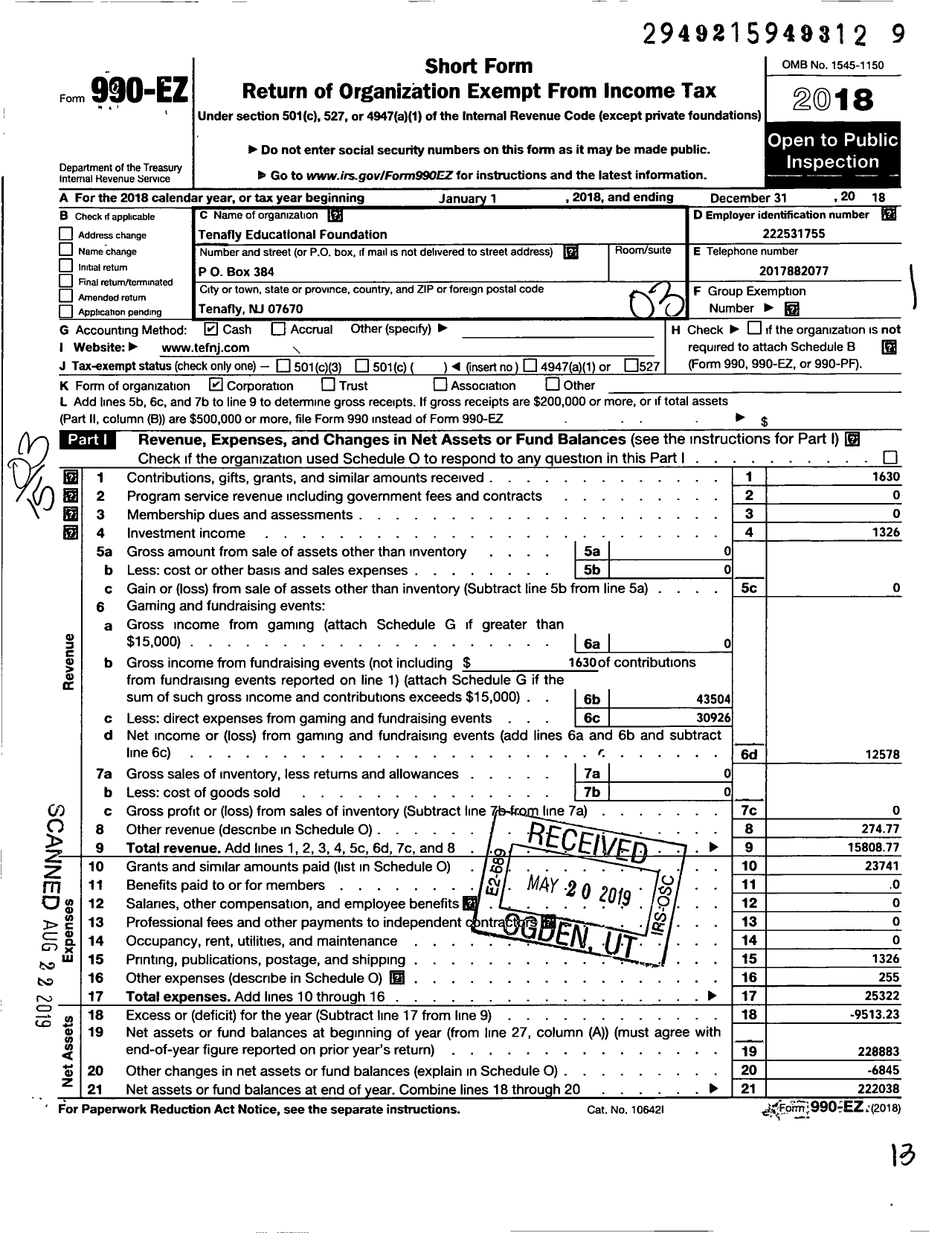 Image of first page of 2018 Form 990EZ for Tenafly Educational Foundation