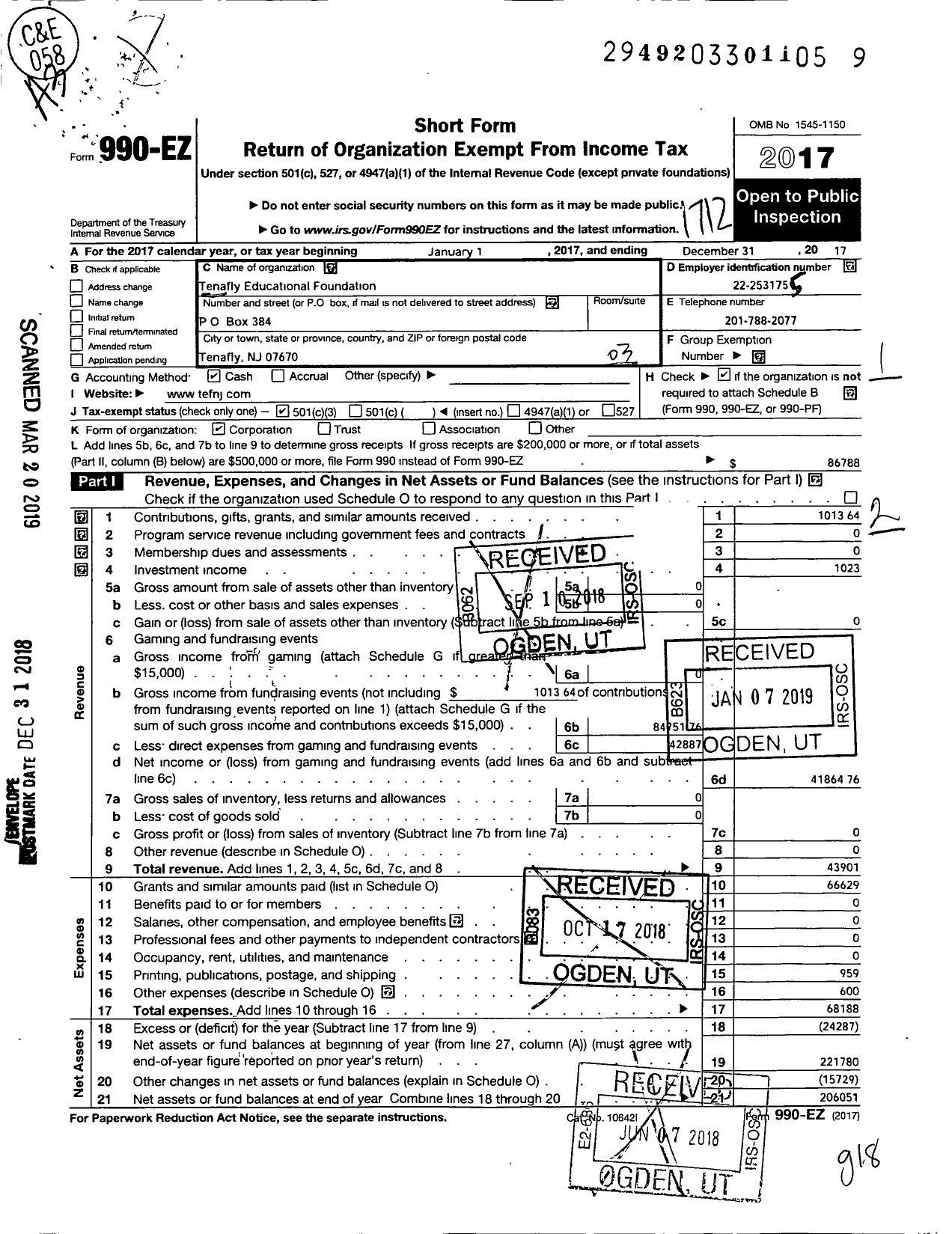 Image of first page of 2017 Form 990EZ for Tenafly Educational Foundation