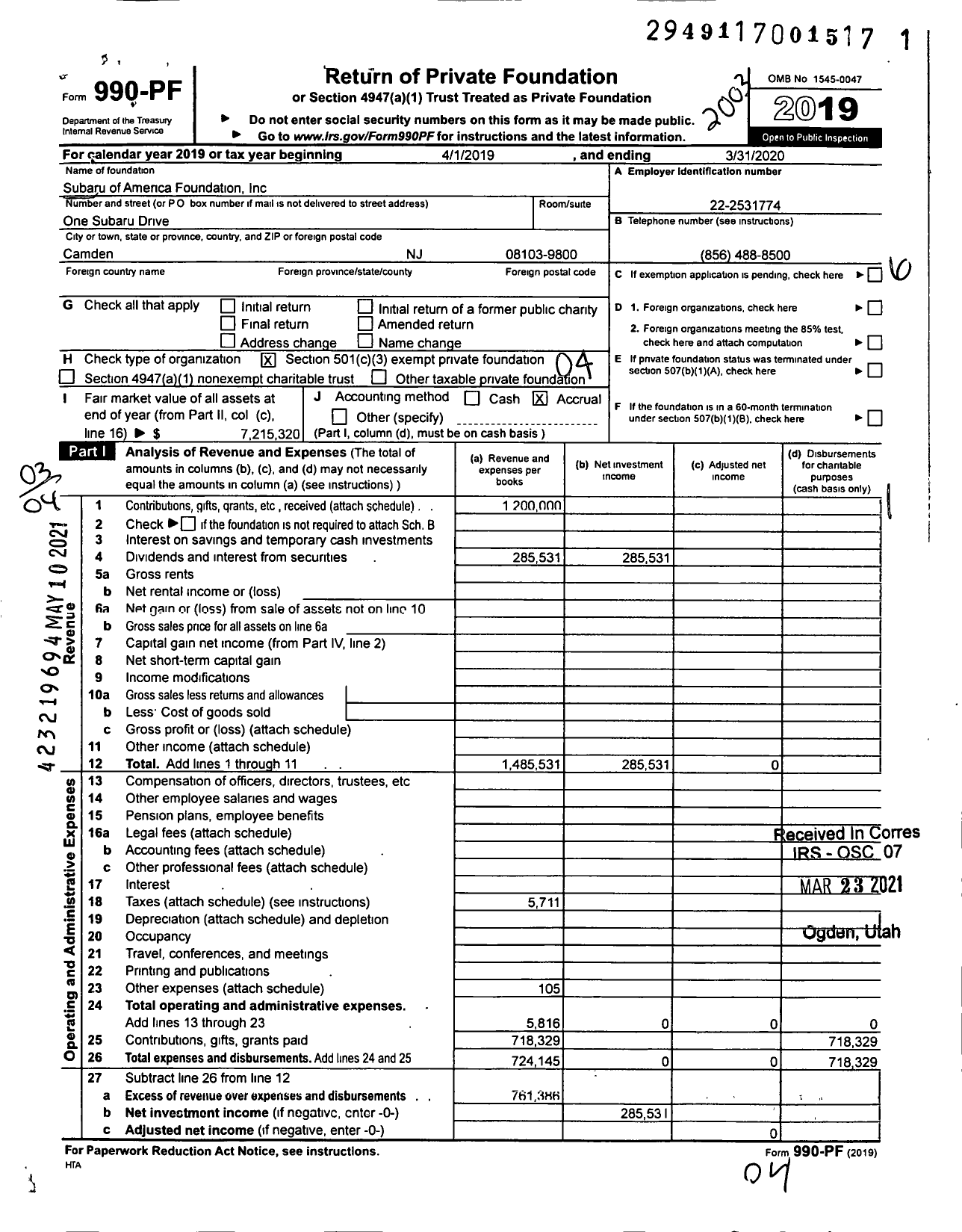 Image of first page of 2019 Form 990PF for Subaru of America Foundation