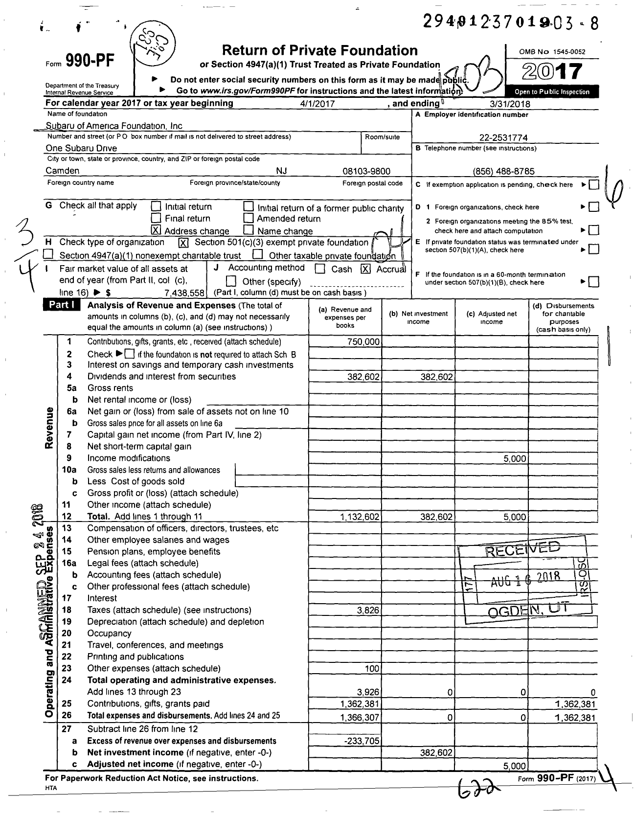 Image of first page of 2017 Form 990PF for Subaru of America Foundation