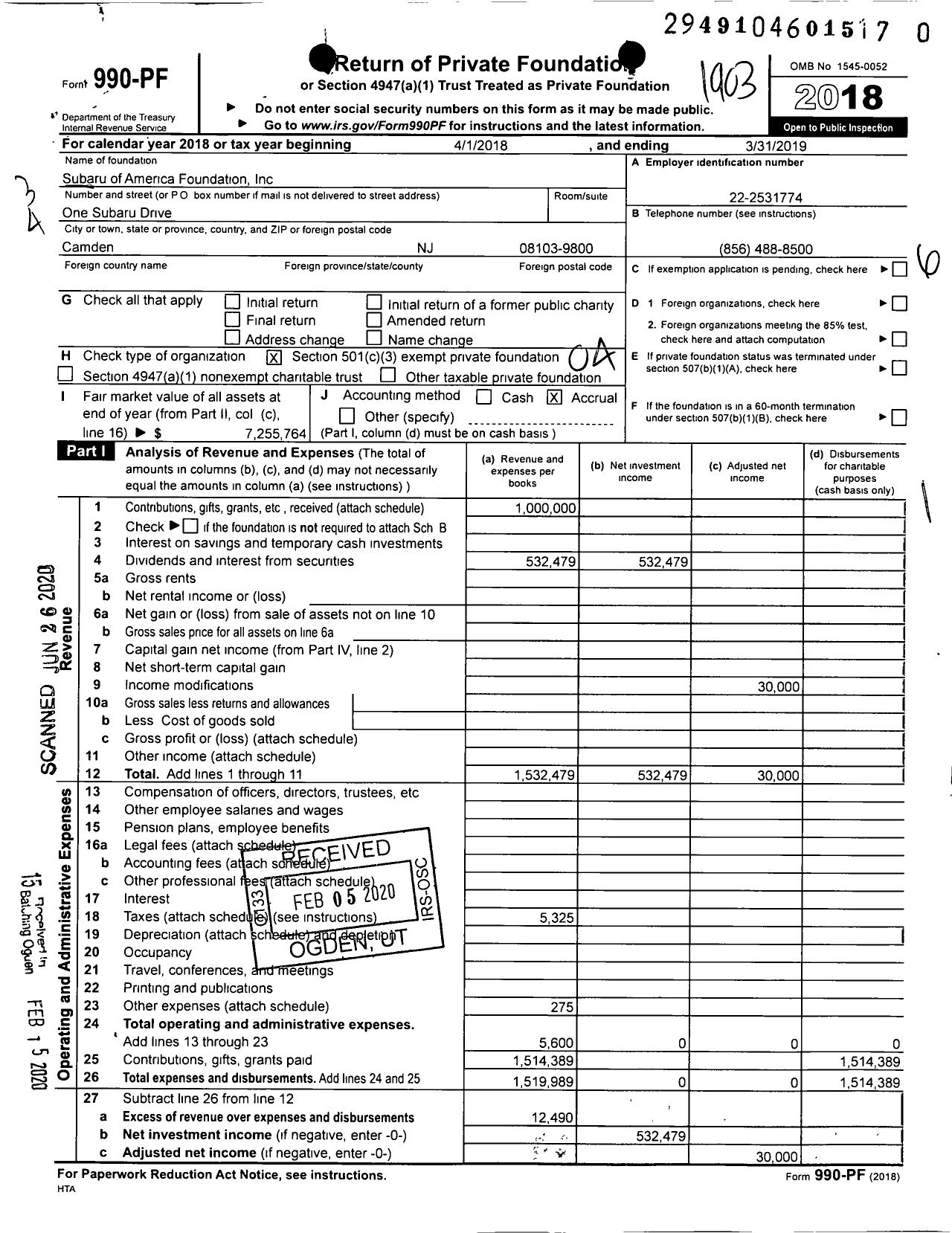 Image of first page of 2018 Form 990PR for Subaru of America Foundation