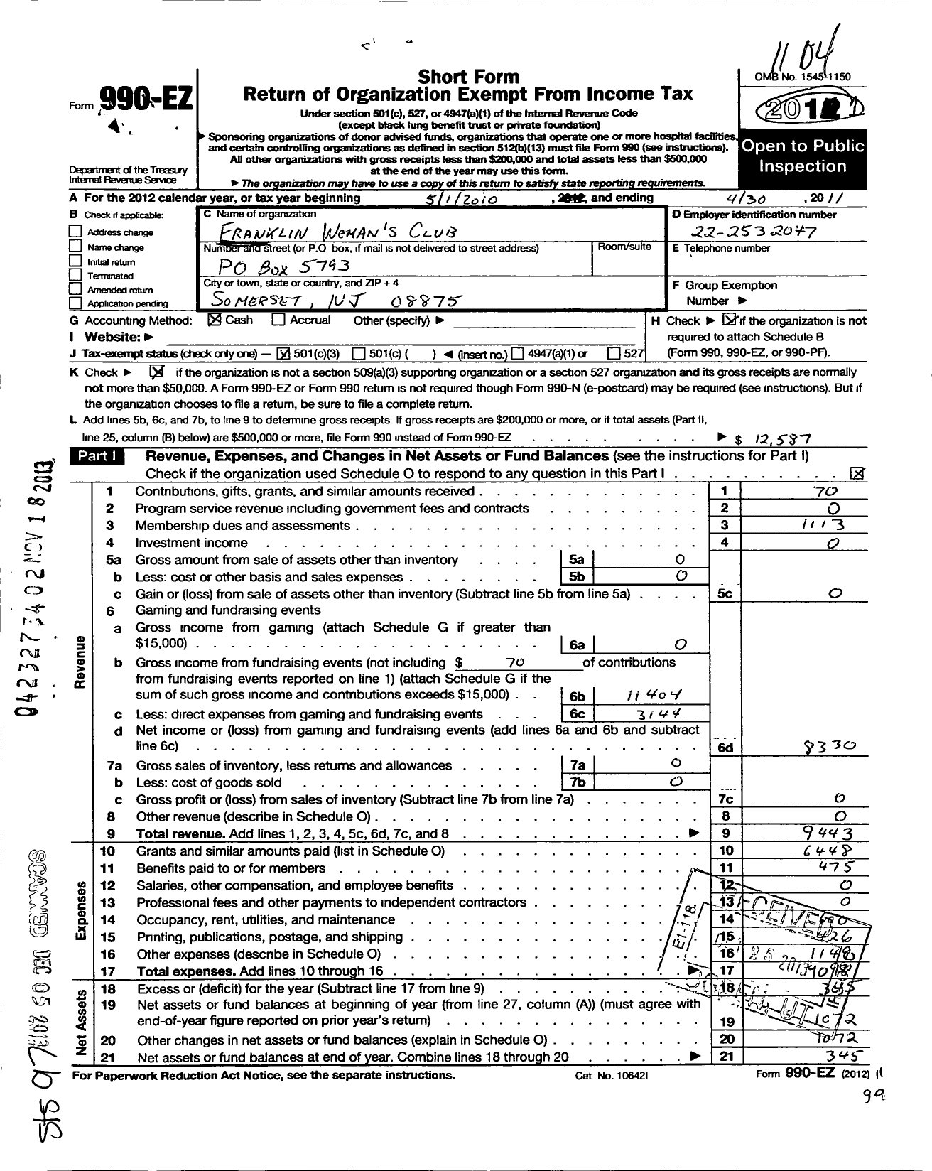 Image of first page of 2010 Form 990EZ for New Jersey State Federation of Women's Clubs - Franklin Womans Clubs