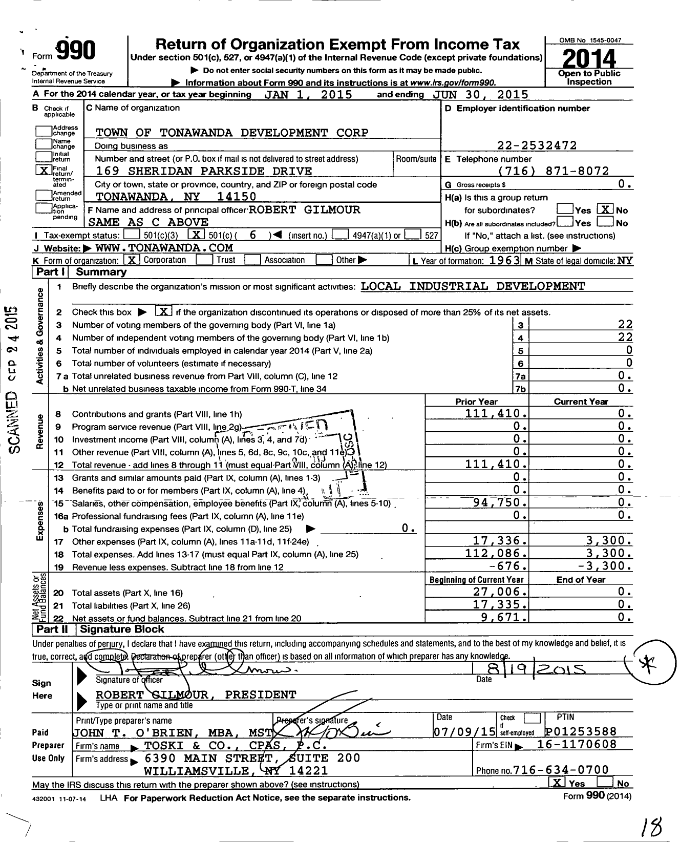 Image of first page of 2014 Form 990O for Town of Tonawanda Development Corporation