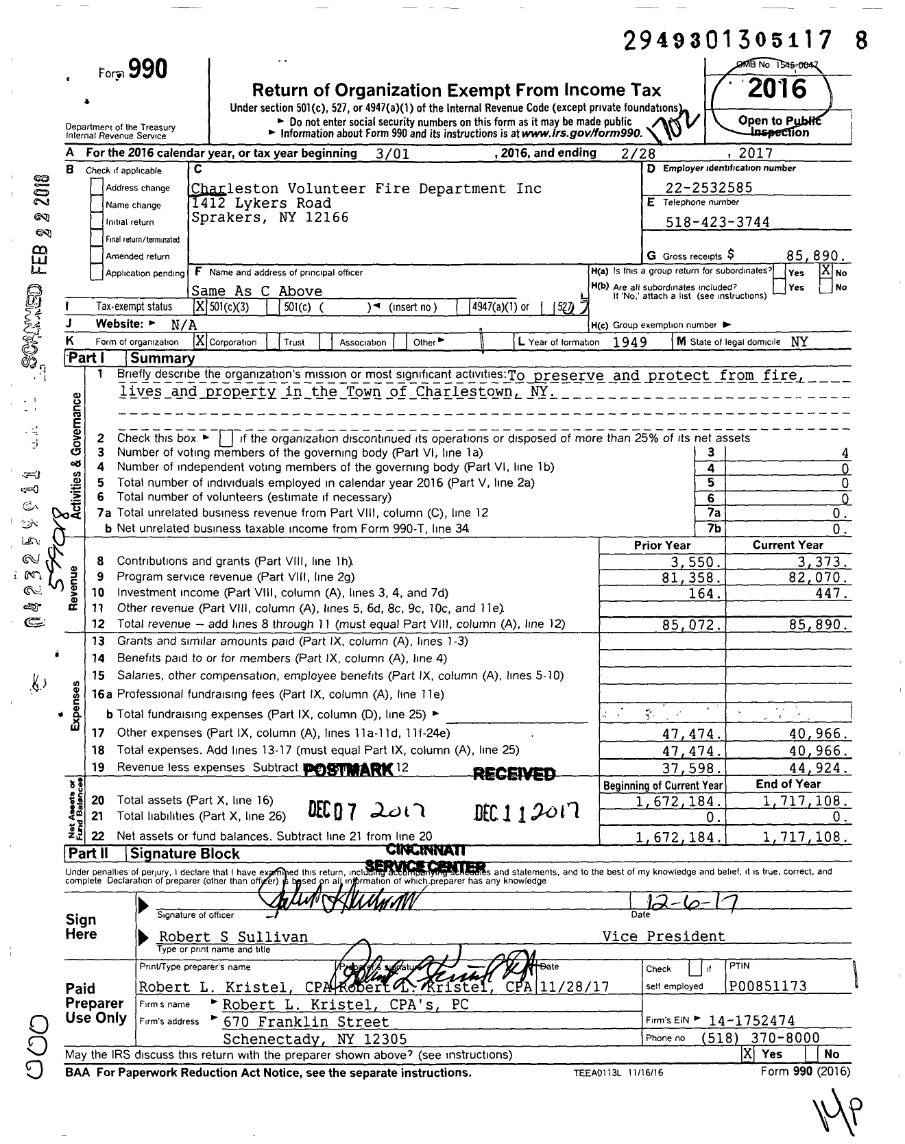 Image of first page of 2016 Form 990 for Charleston Volunteer Fire Department