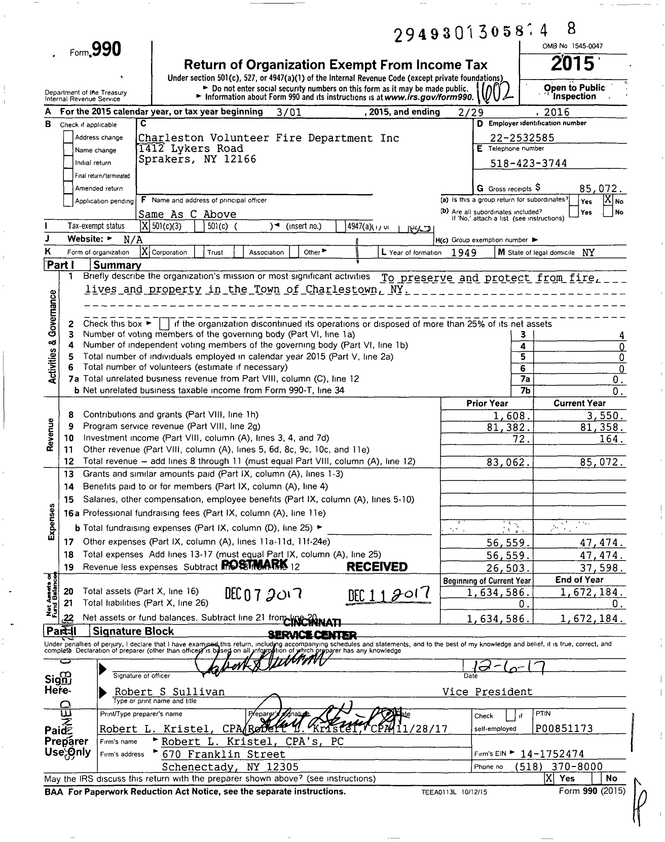 Image of first page of 2015 Form 990 for Charleston Volunteer Fire Department
