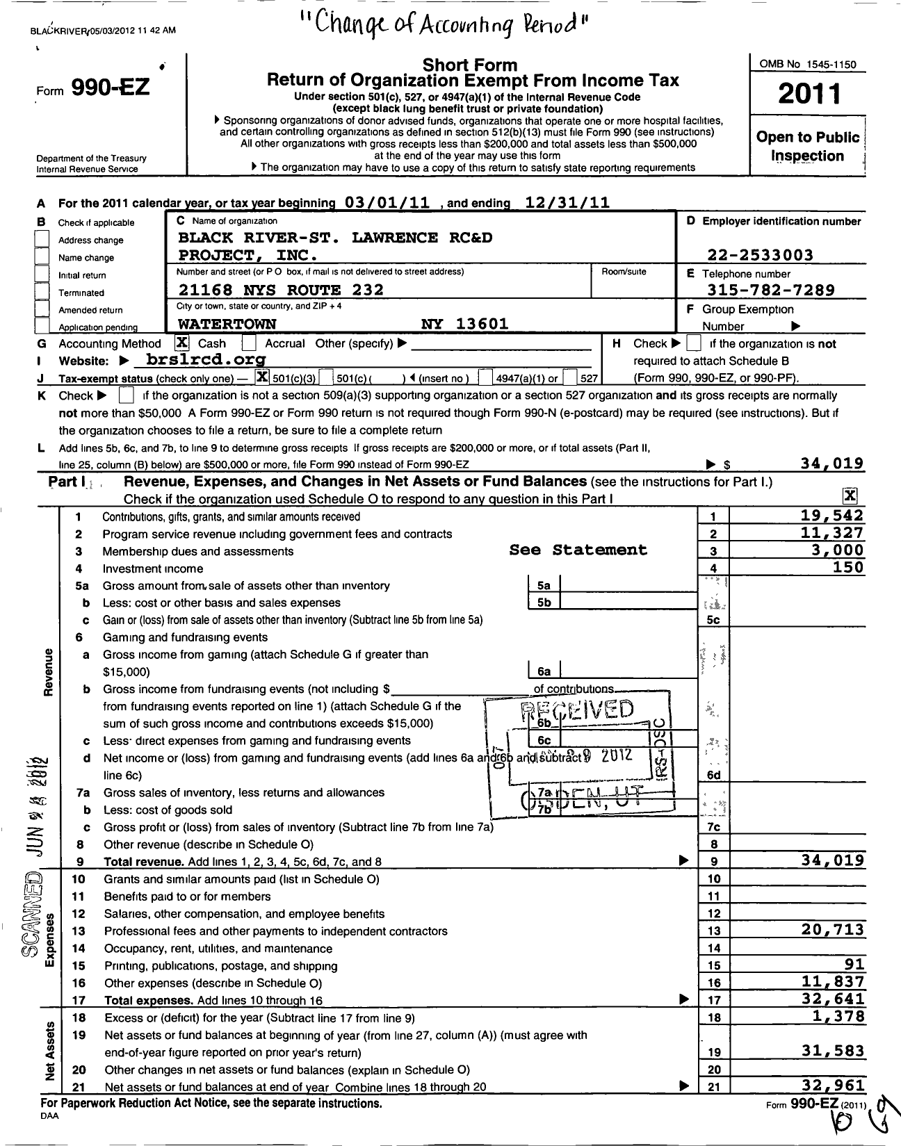 Image of first page of 2011 Form 990EZ for Black River-St Lawrence RC&D Project