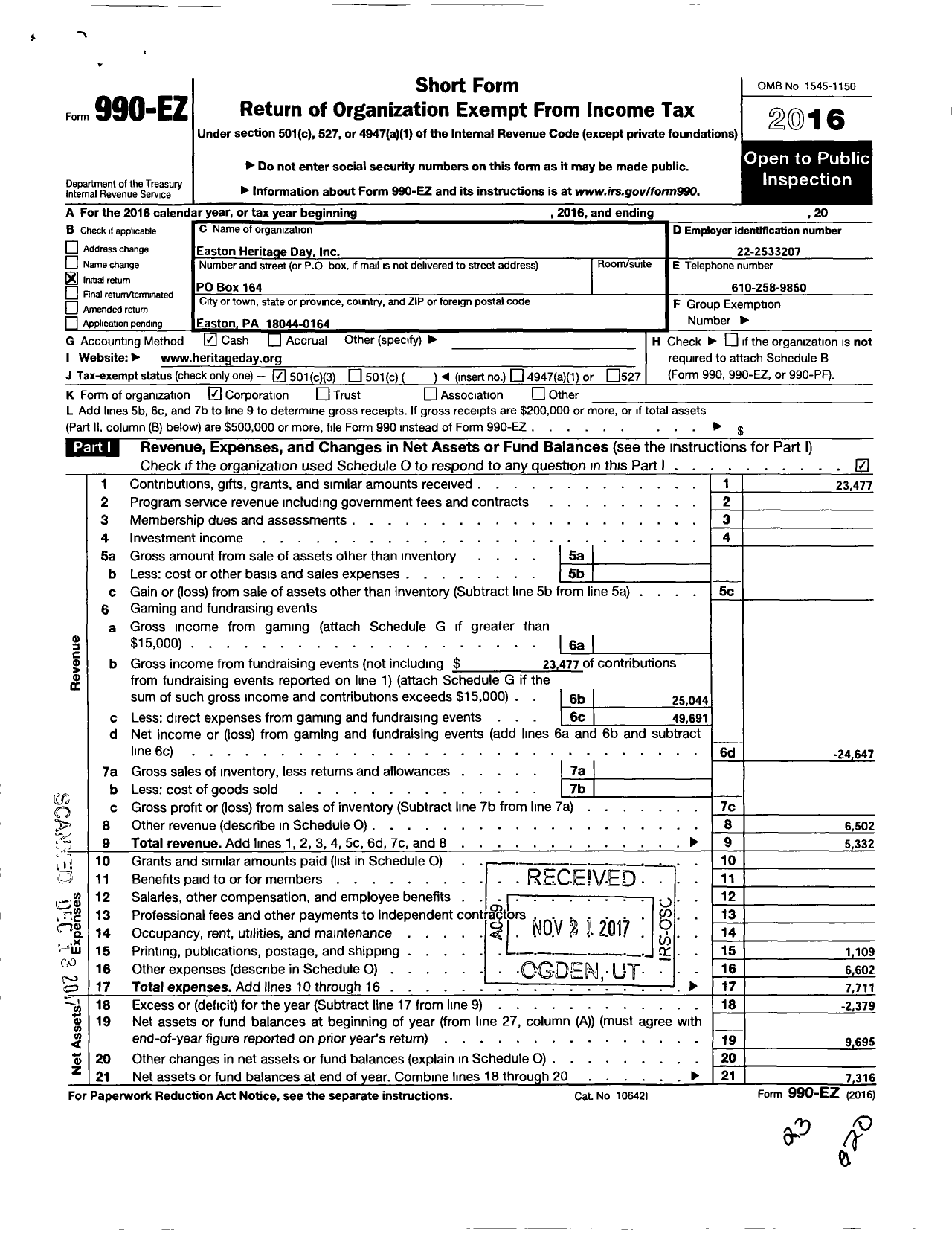 Image of first page of 2016 Form 990EZ for Easton Heritage Day