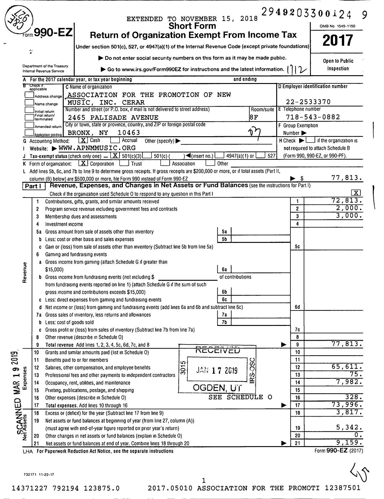 Image of first page of 2017 Form 990EZ for Association for the Promotion of New Music