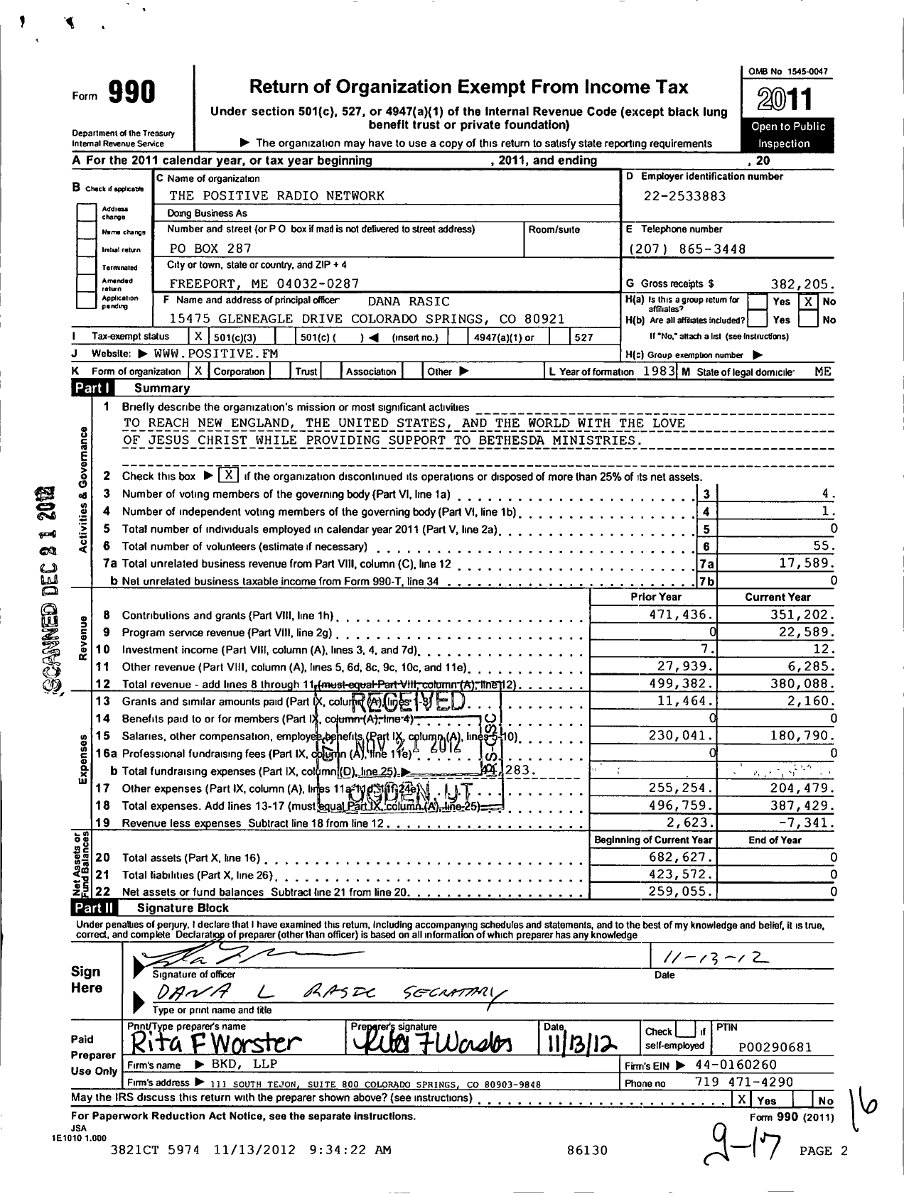 Image of first page of 2011 Form 990 for Positive Radio Network