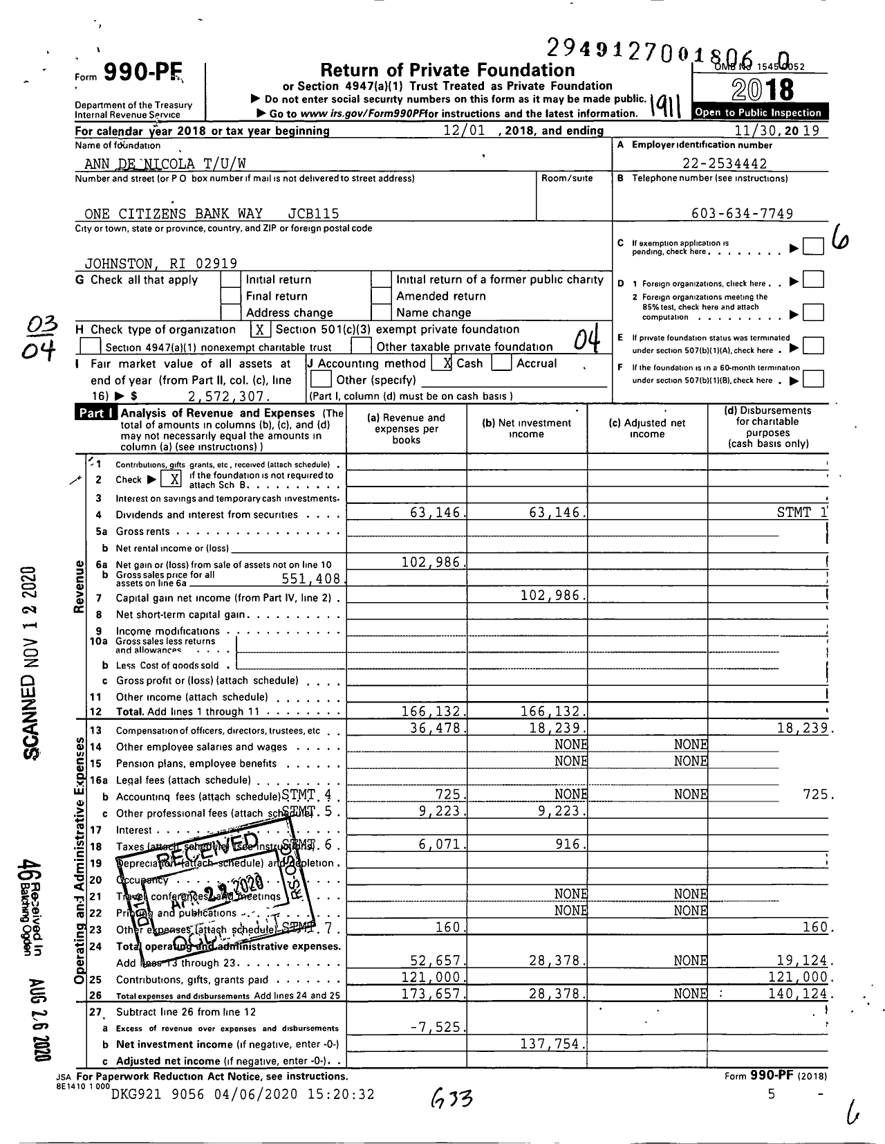 Image of first page of 2018 Form 990PF for Ann de Nicola Tuw