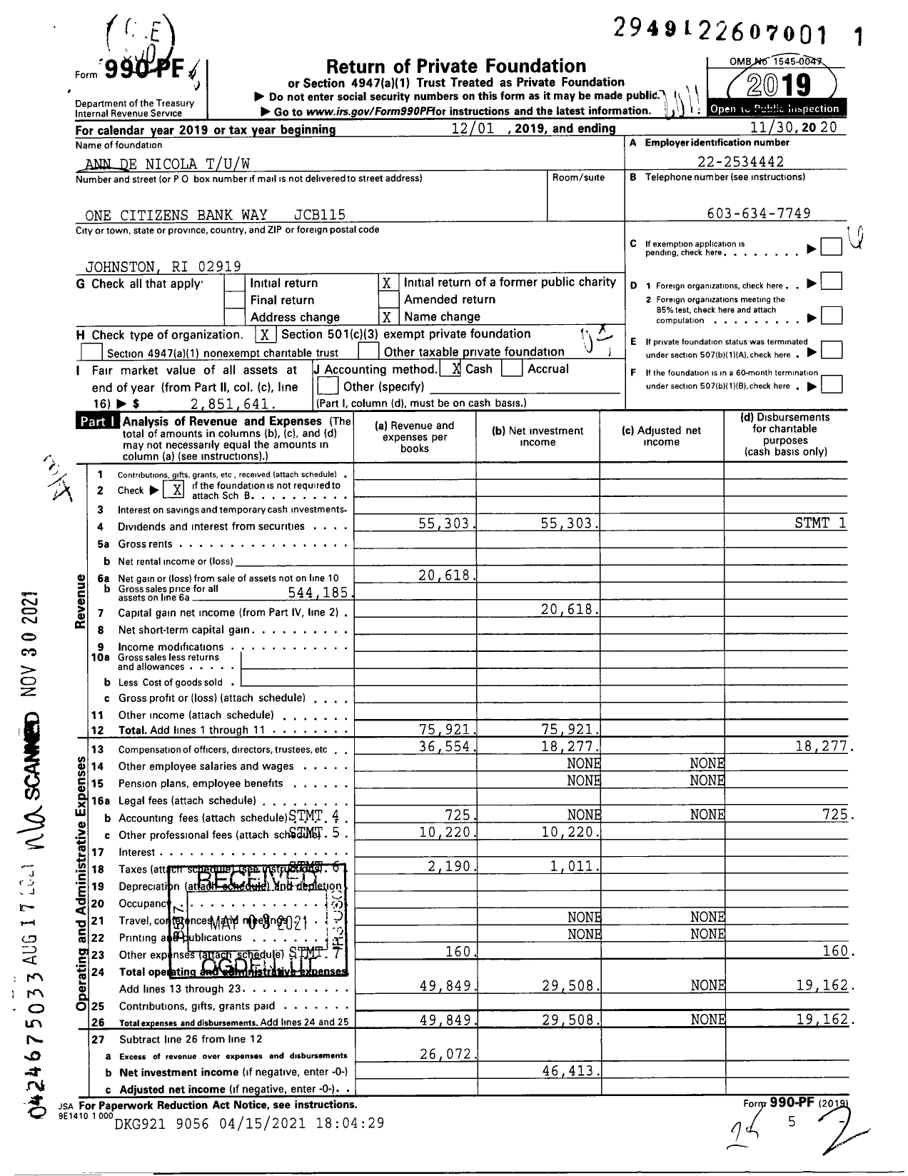 Image of first page of 2019 Form 990PF for Ann de Nicola Tuw