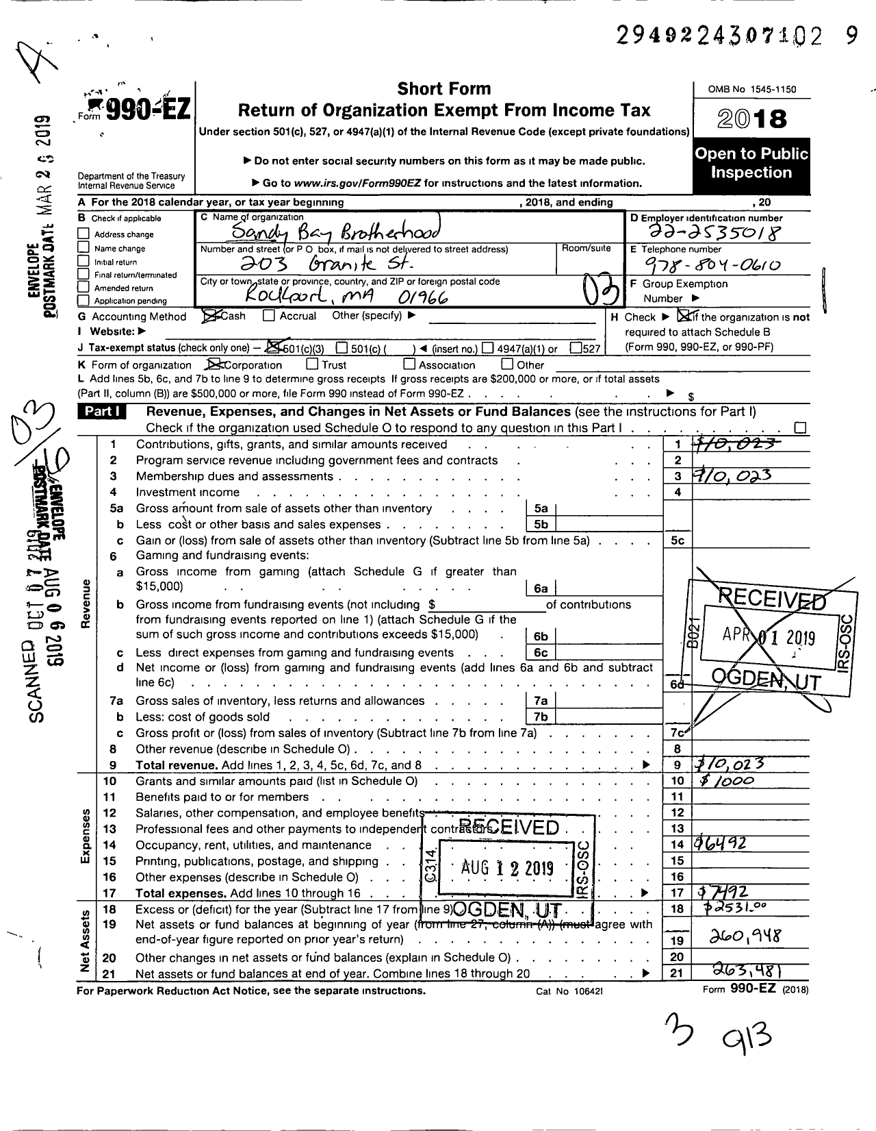 Image of first page of 2018 Form 990EZ for Sandy Bay Brotherhood