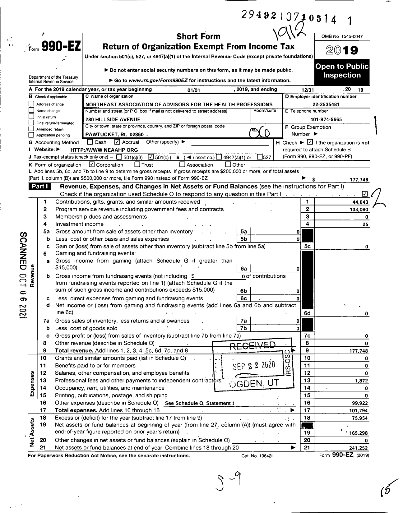 Image of first page of 2019 Form 990EO for Northeast Association of Advisors for the Health Professions