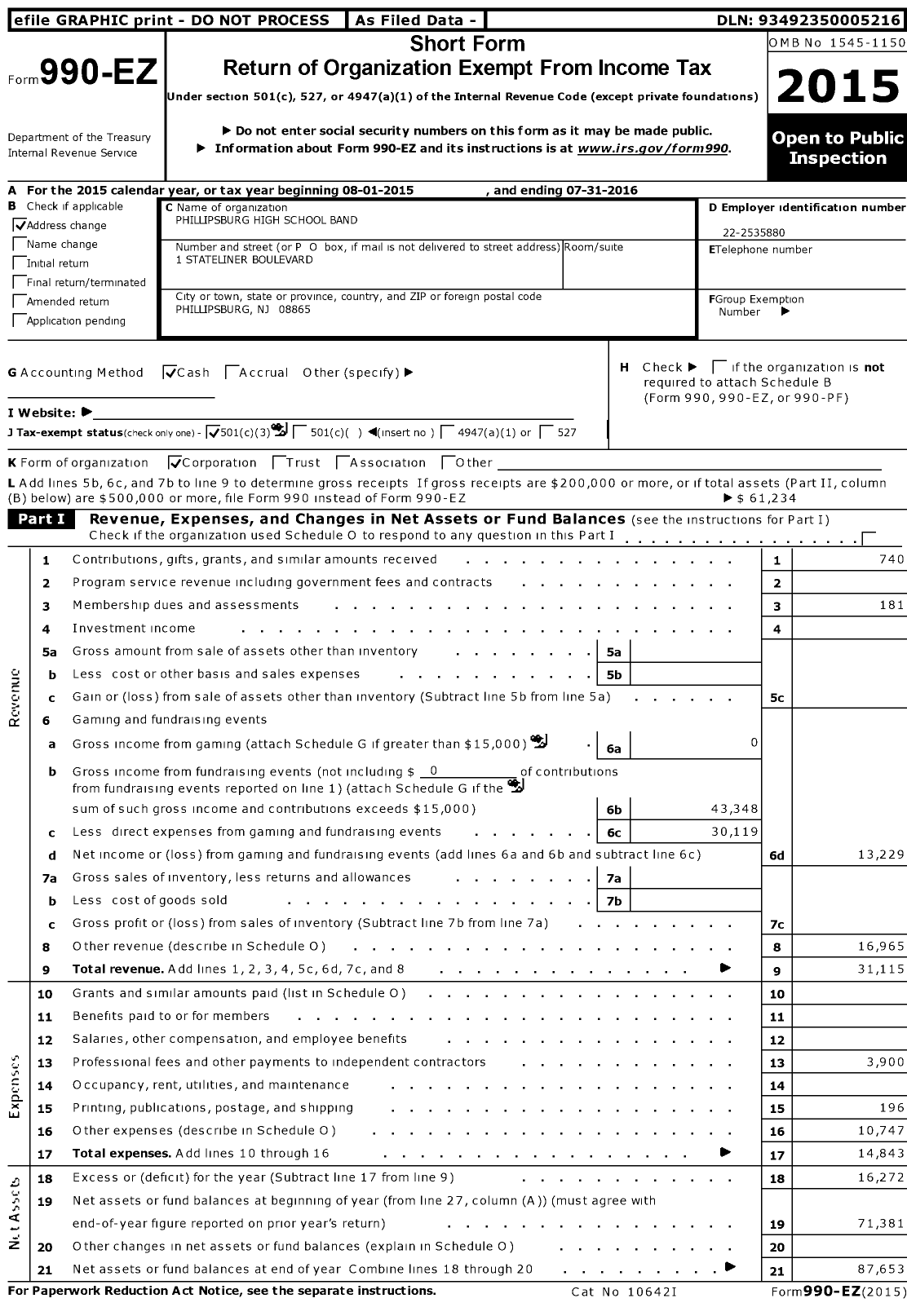 Image of first page of 2015 Form 990EZ for Phillipsburg High School Band Boosters