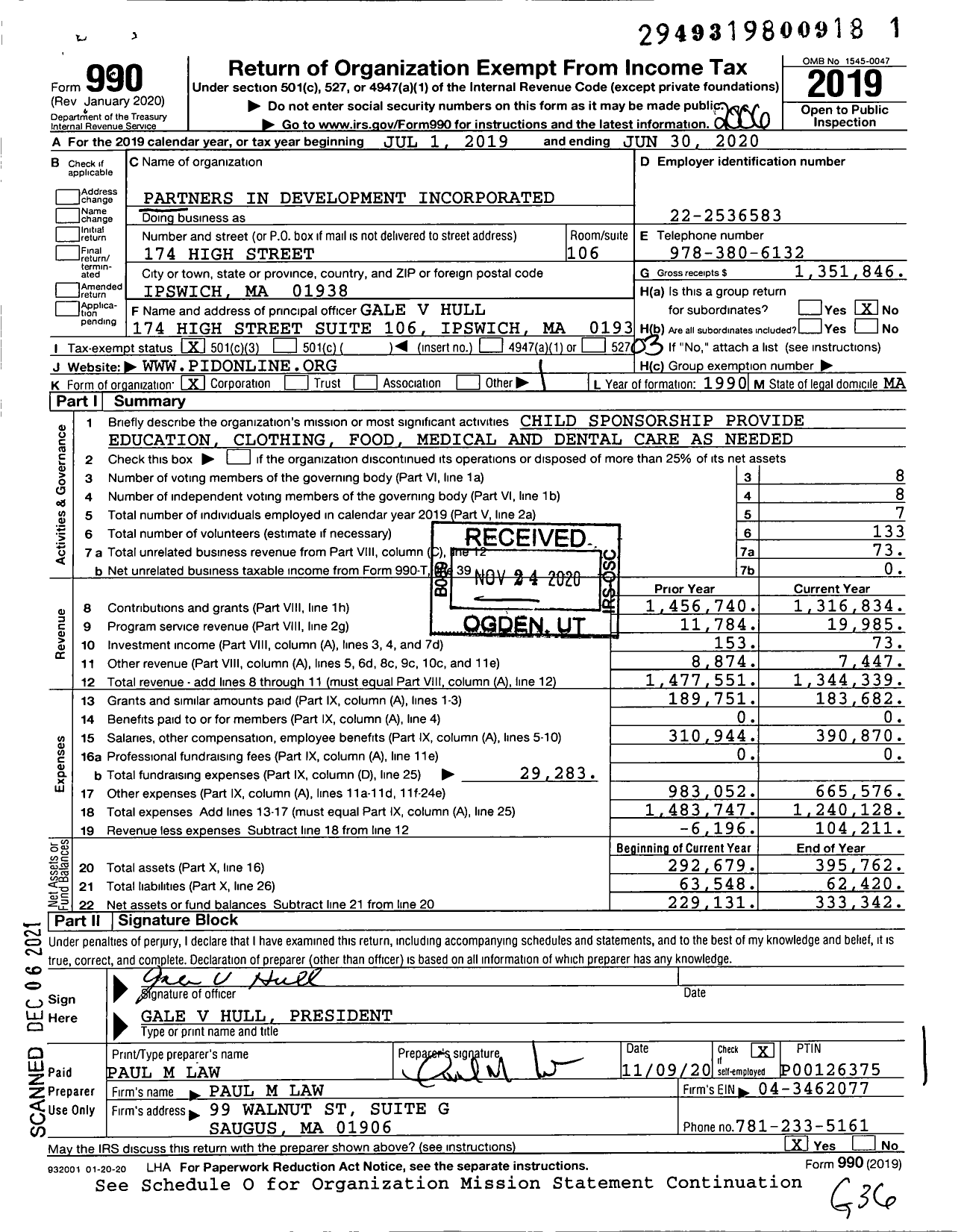 Image of first page of 2019 Form 990 for Partners in Development Incorporated