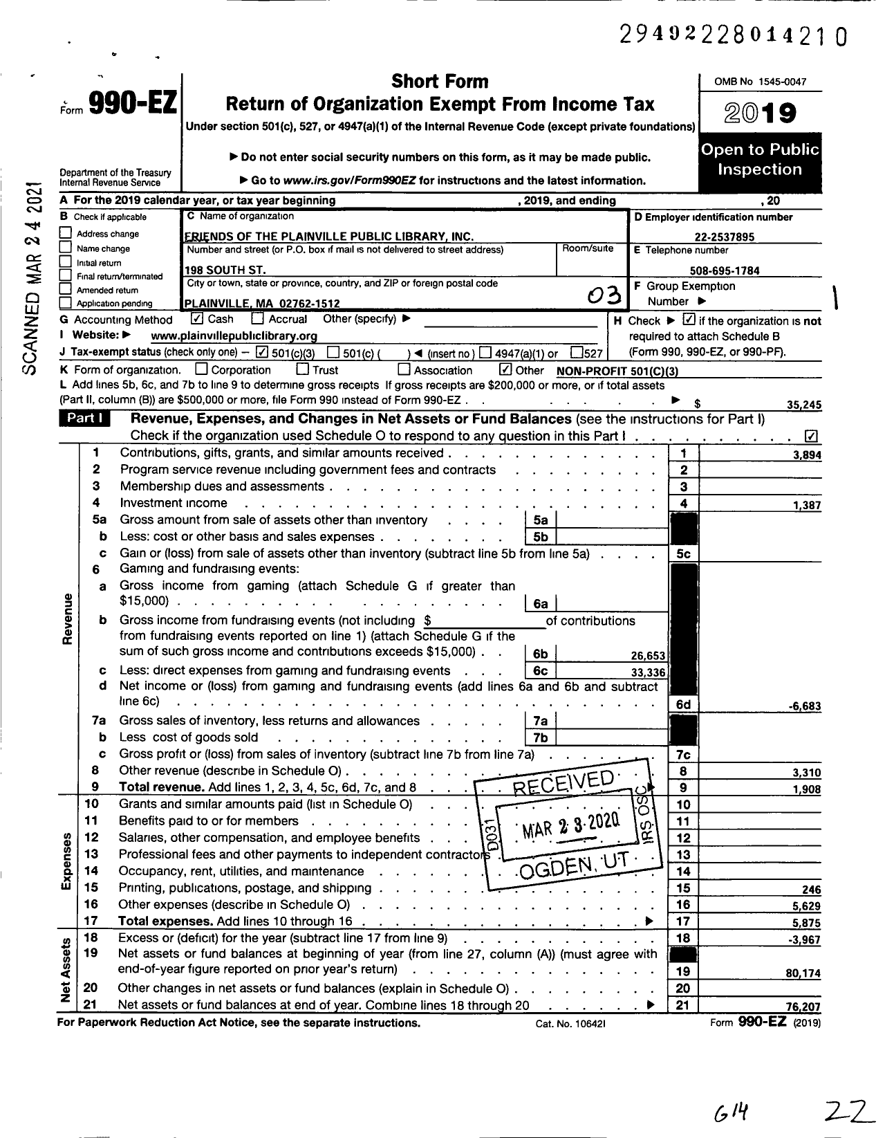 Image of first page of 2019 Form 990EZ for The Friends of the Plainville Public Library