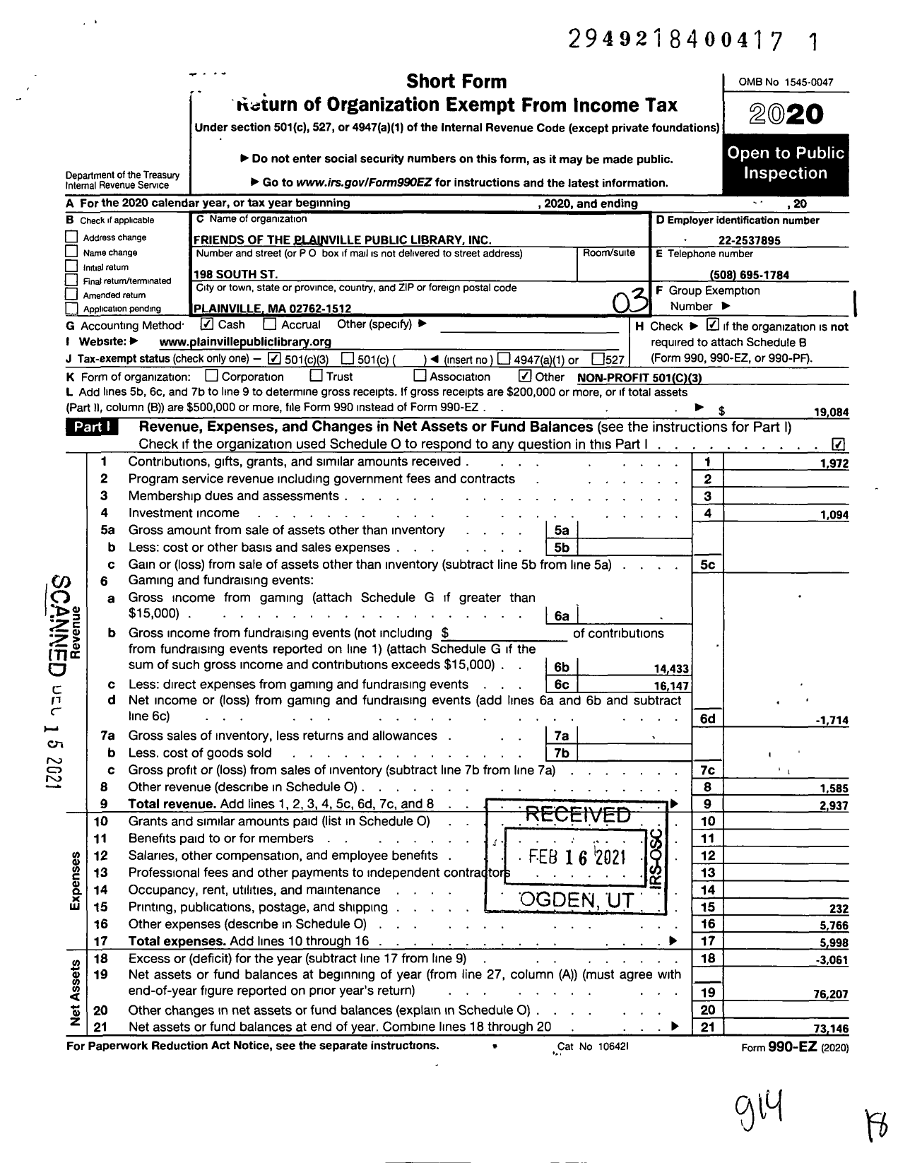 Image of first page of 2020 Form 990EZ for The Friends of the Plainville Public Library