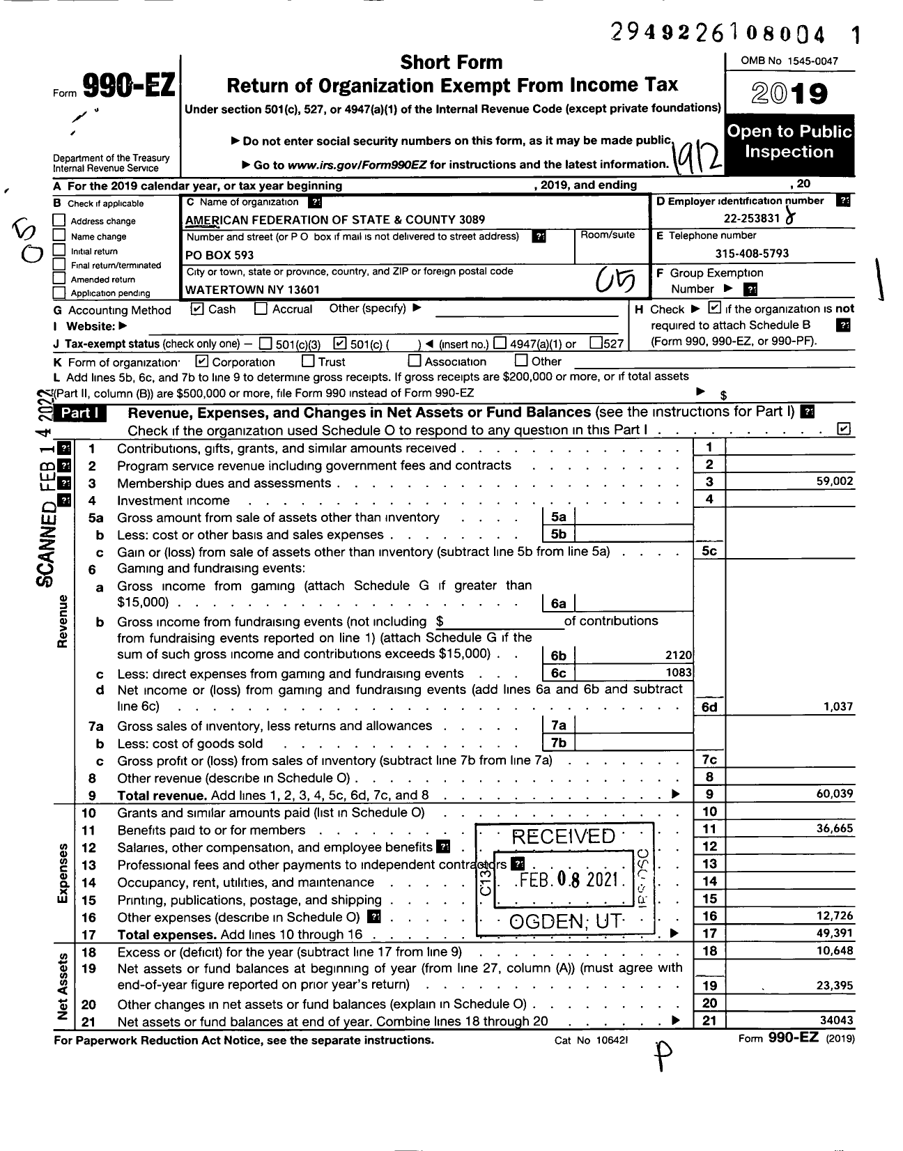Image of first page of 2019 Form 990EO for American Federation of State County & Municipal Employees - L3089ny Jefferson Co Sheriffs Dept