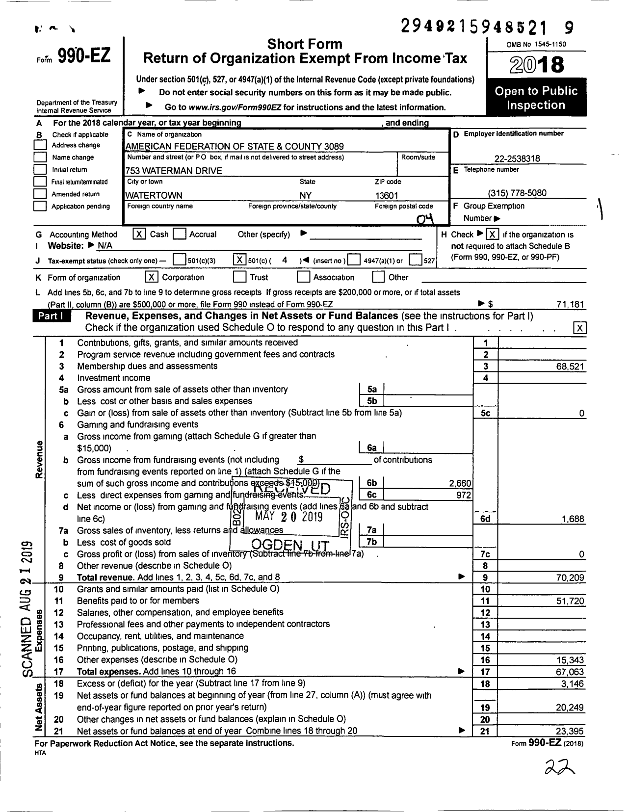 Image of first page of 2018 Form 990EO for American Federation of State County & Municipal Employees - L3089ny Jefferson Co Sheriffs Dept