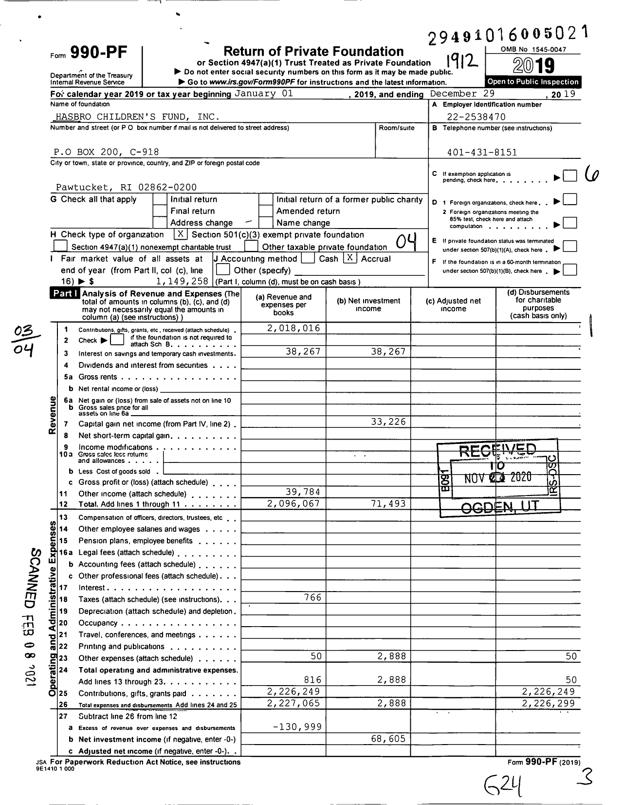 Image of first page of 2019 Form 990PF for Hasbro Foundation