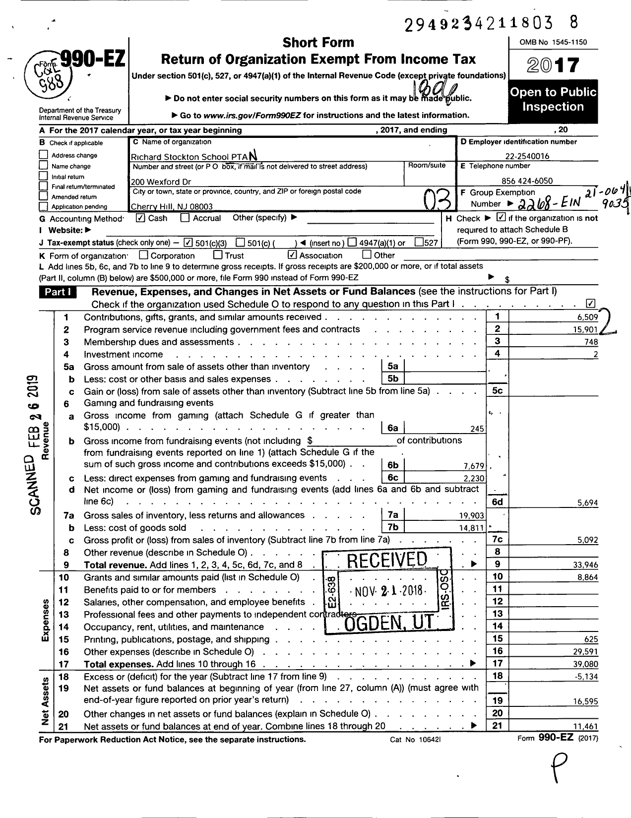 Image of first page of 2017 Form 990EZ for New Jersey PTA - 18959 Richard Stockton School