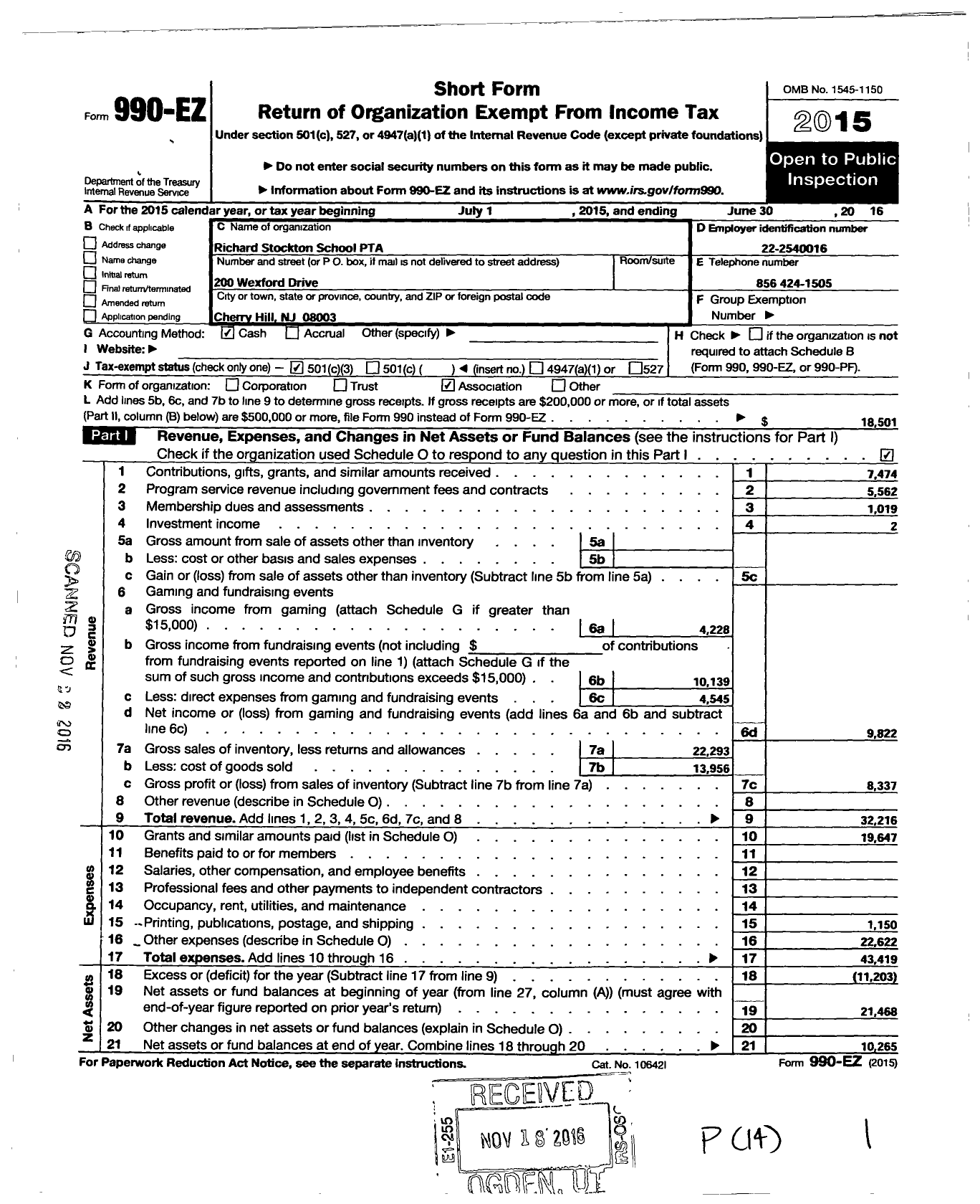 Image of first page of 2015 Form 990EZ for New Jersey PTA - 18959 Richard Stockton School