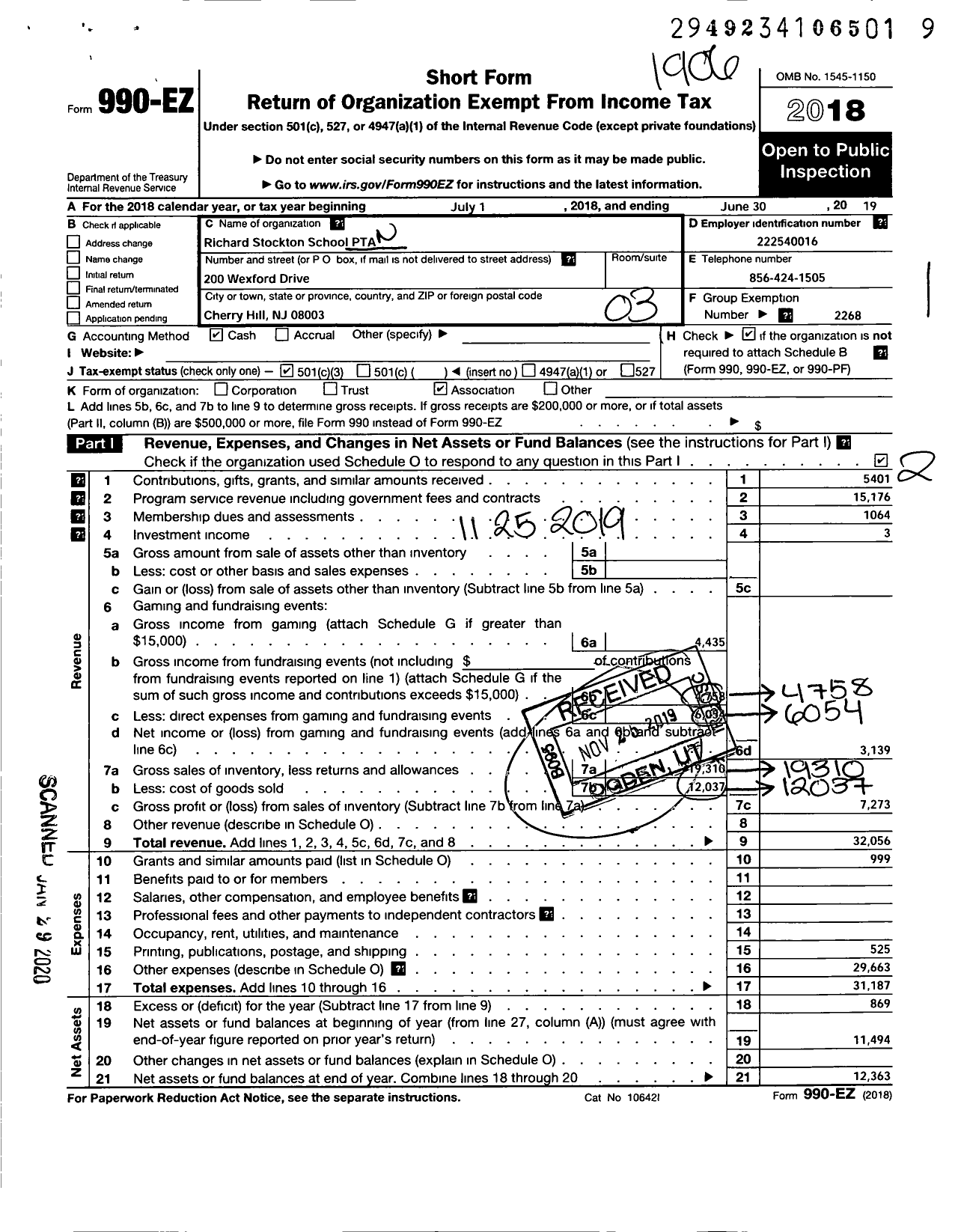 Image of first page of 2018 Form 990EZ for New Jersey PTA - 18959 Richard Stockton School