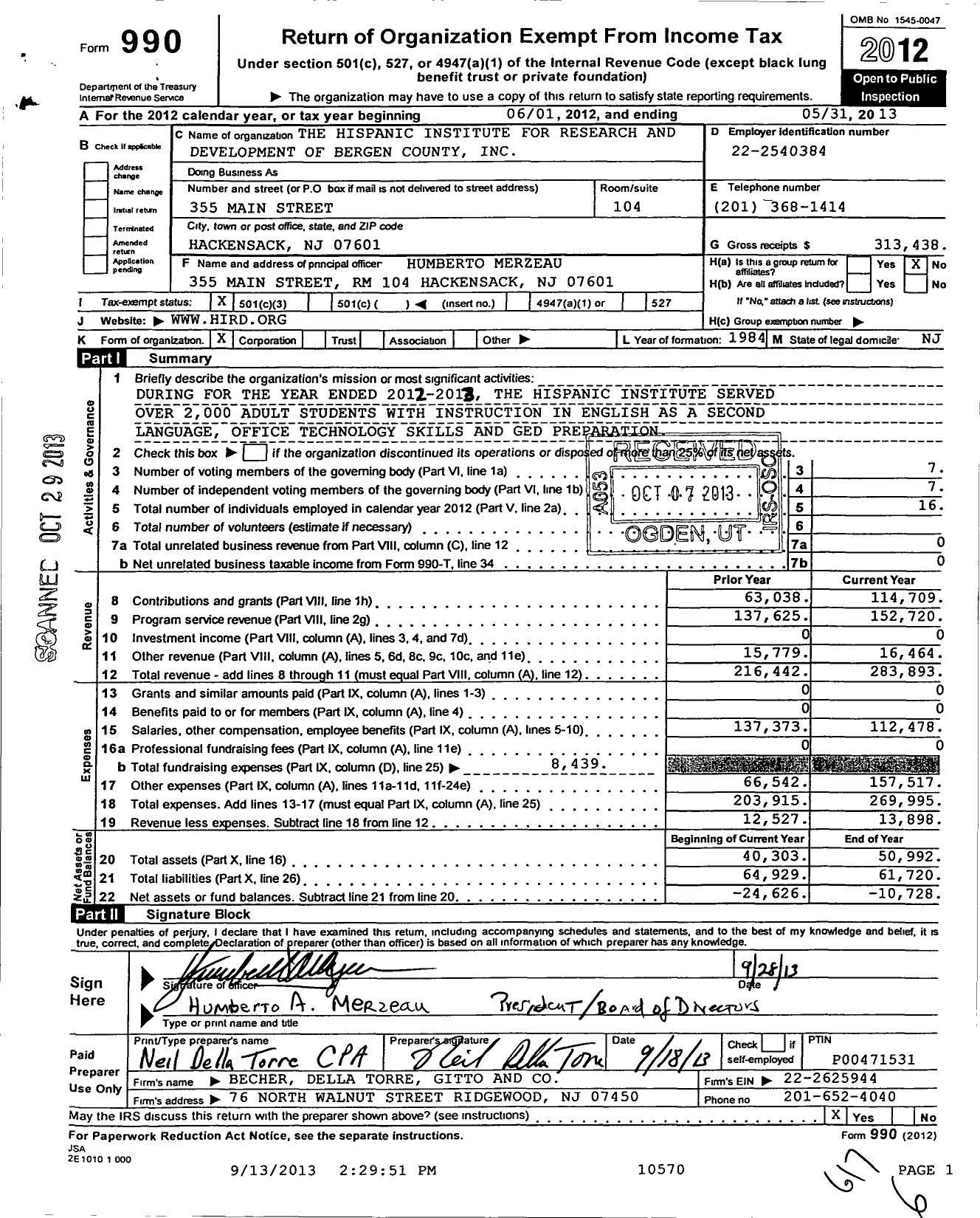 Image of first page of 2012 Form 990 for The Hispanic Institute for Research and Development of Bergen County